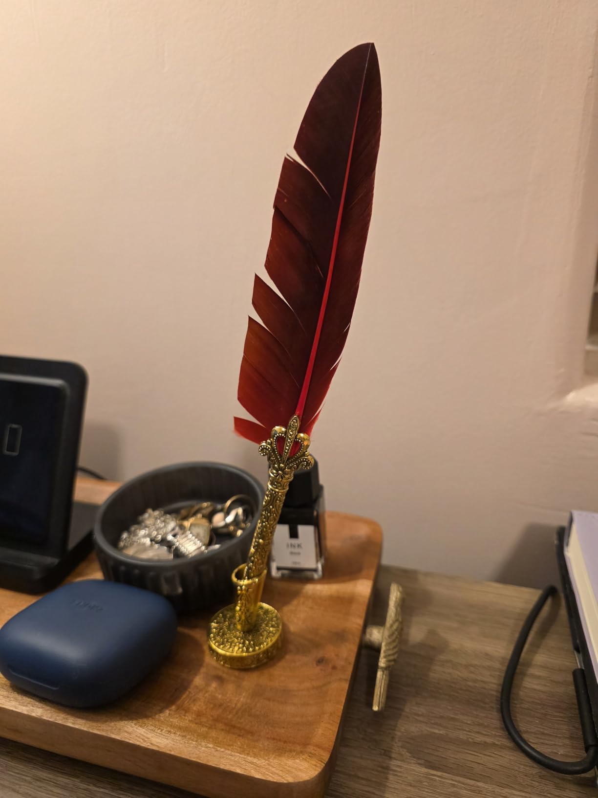 Quill Pen and Ink Set with 5 Spare Nibs, Inkwell and Quill Stand, Red customer photo 2