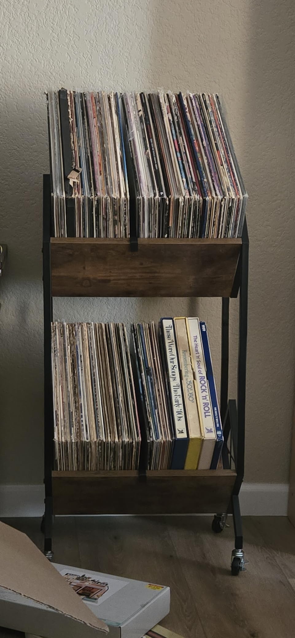 SwaaVee Vinyl Record Storage Holder with Wheels, 2-Tier Record Holder 160-200 LP with Dividers, Retro Style Quick Assembly Vinyl Record Display for Albums, Magazine, Book, Files (2 Tier- Rustic Brown) customer photo 1