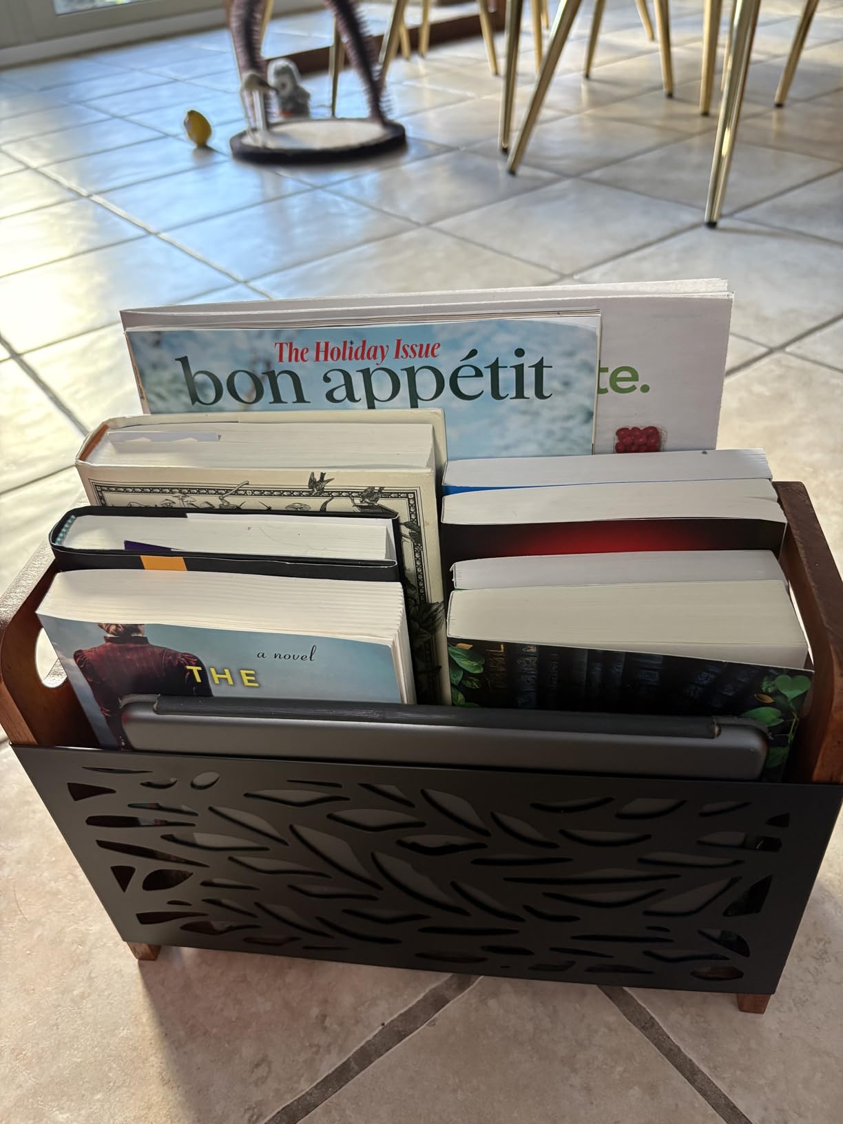 Magazine Holder, Oak Wood Magazine Rack Floor, Lotus Pattern | Rustic Magazine File Holder Organizer, Decorative Magazines Storage Basket for Books, Newspapers, Mails, Files customer photo 1