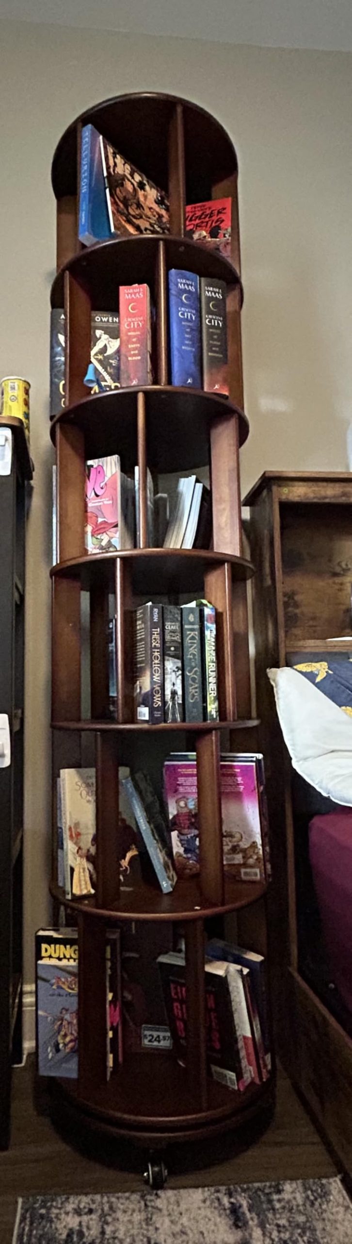 Rotating Bookshelf, 6 Tier Solid Wood Bookshelf Tower with Lockable Wheels, 360° Spinning Revolving Bookcase for Small Spaces, Corners, Bedroom, Kids Room, Home Office, Walnut customer photo 2
