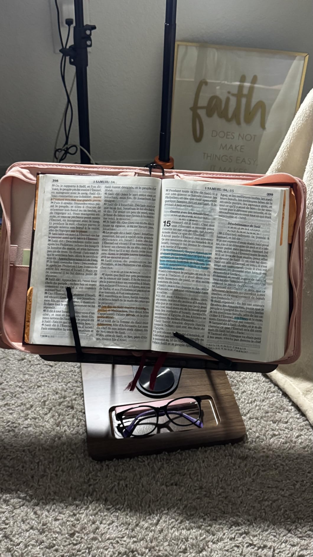 OPTIXCELL Book Stand for Reading, 360° Rotating Book Holder, Page Clips | Hands Free, Built-in Storage Tray, Adjustable Height Angle customer photo 2