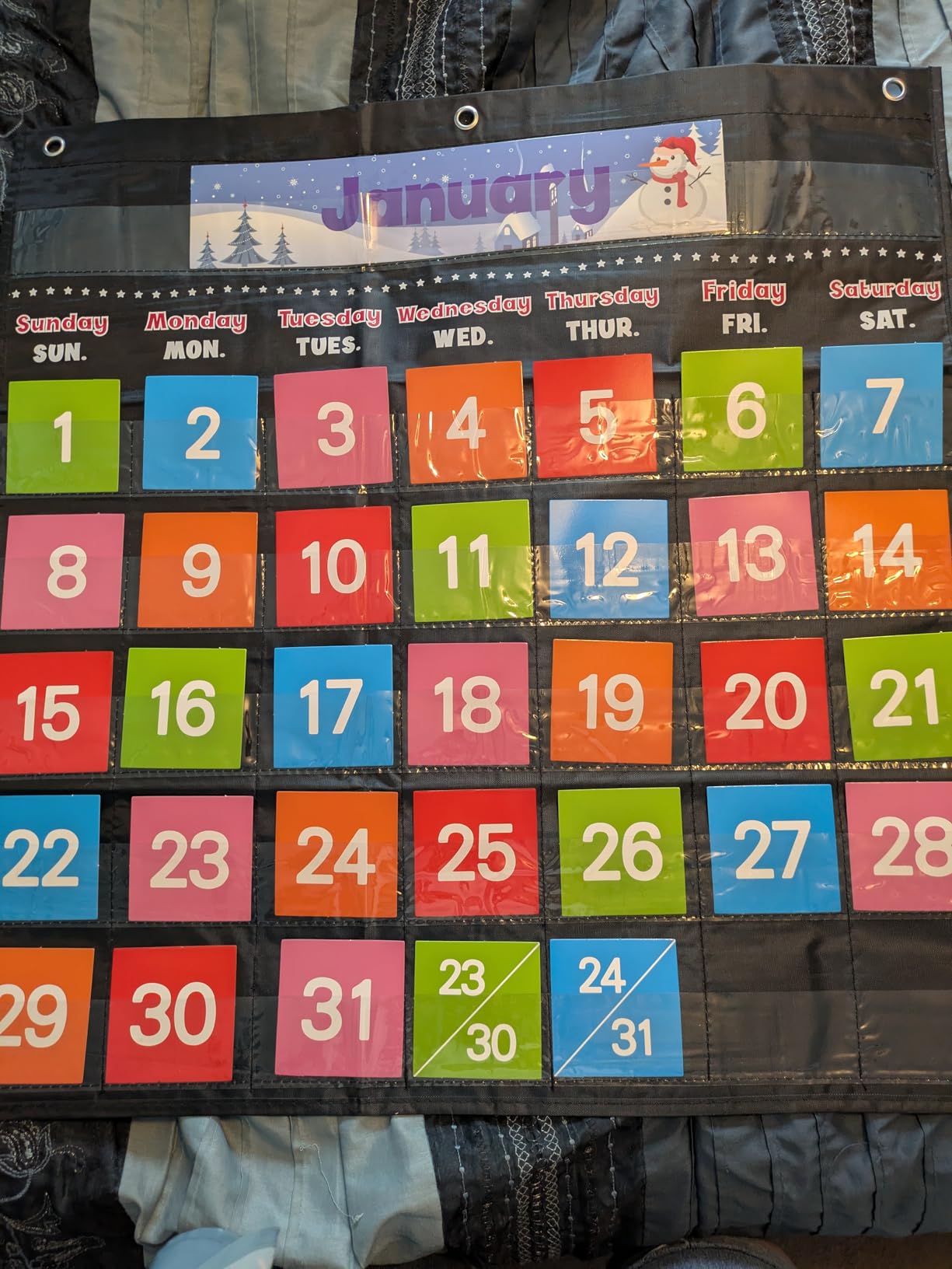 Classroom Calendar Pocket Chart with 88 Cards - Ideal for Homeschool, Classroom & Office, Durable Nylon Wall Hanging Calendar for Early Learning (Blue) customer photo 2