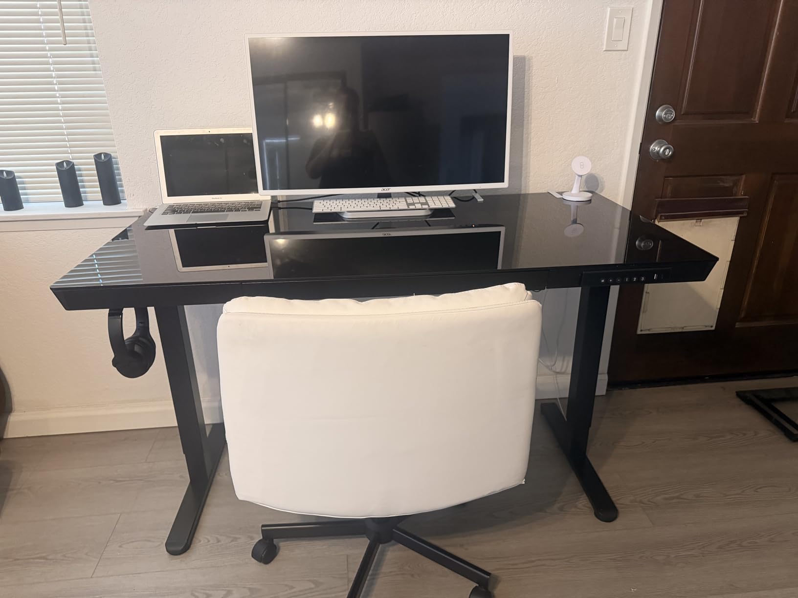 Marsail Glass Standing Desk with Drawer, 48 x 24 inch Electric Standing Desk, Height Adjustable Desk with One-Piece Tabletop & USB Charging Ports, Sit Stand Desk with Storage customer photo 1
