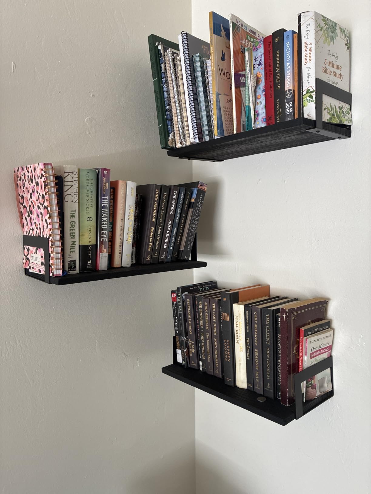 Harwaya Floating Book Shelves for Wall 3-Pack, 24 Inch Long Wall Mount Bookshelf for Bedroom, Rustic Farmhouse Wood Hanging Bookshelves for Living Room Office Books Plants (Dark Brown) customer photo 1