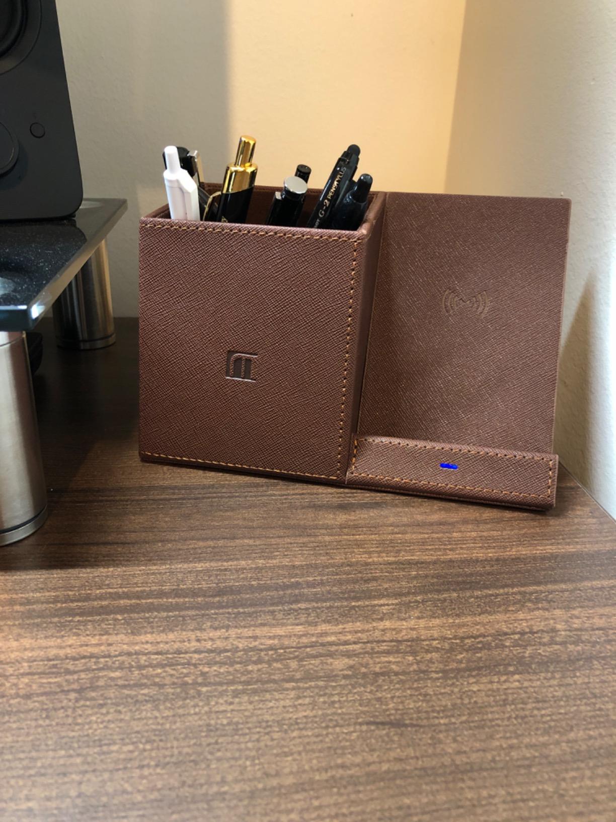 Bamboo Pen Holder for Desk & Nightstand Organizer with Fast Wireless Charging for iPhone, Samsung & More - Office Desk Accessories for Men/Women (Natural) customer photo 1