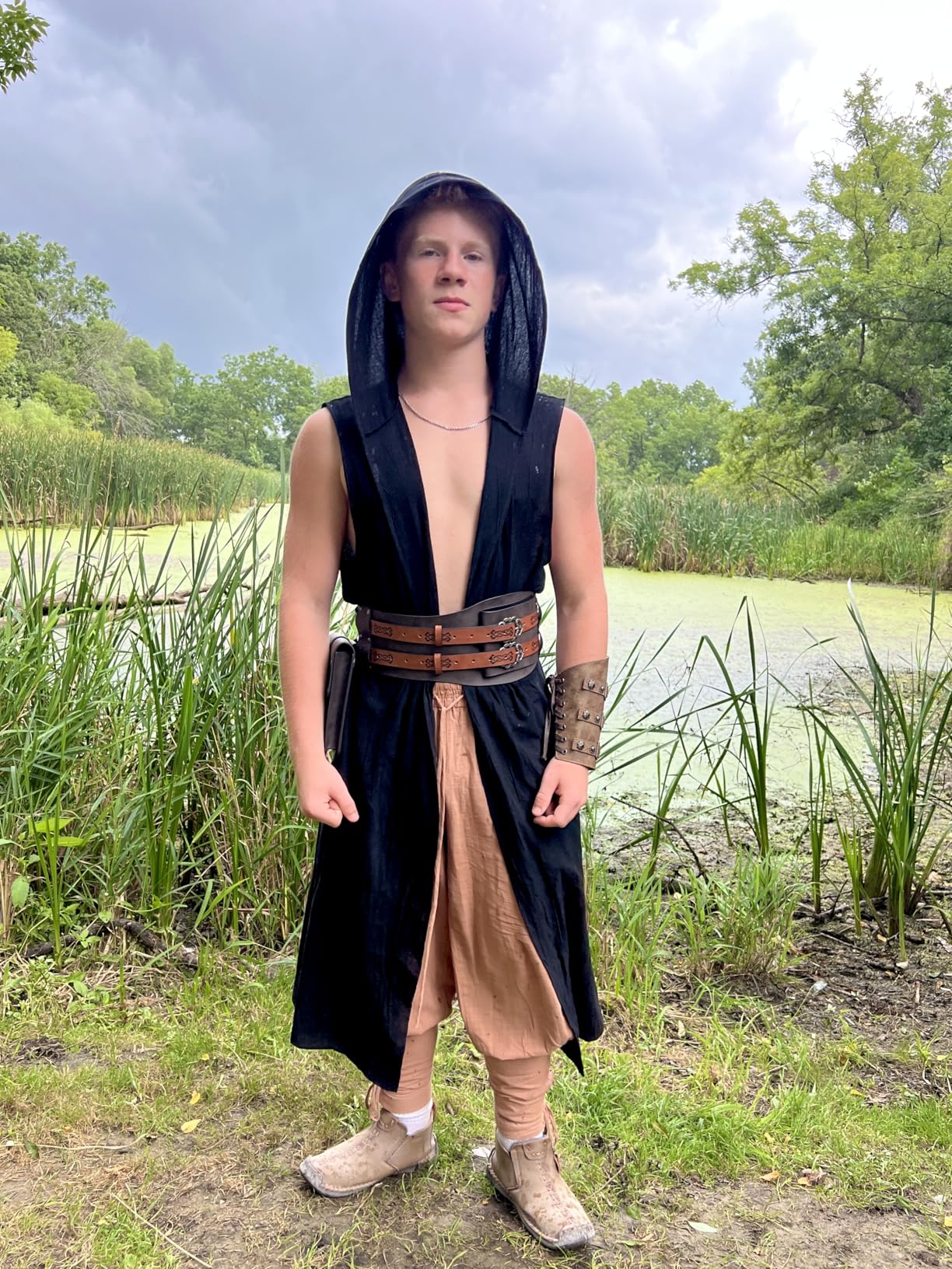 L'VOW Men's Medieval Hooded Surcoat Renaissance Tabard Tunic Cloak | Sleeveless Vest for Assassin Knight Ranger Hobbit Cosplay, Halloween LARP Fantasy Ren Faire Viking Costume customer photo 2