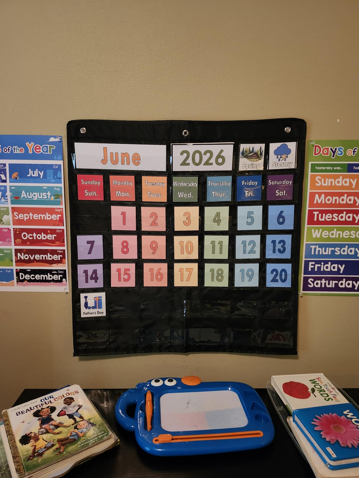 Classroom Calendar Pocket Chart, Monthly Calendars and Weather Set with 70 Cards for Classroom, Homeschool Supplies for Easy Learning (Black) customer photo 2