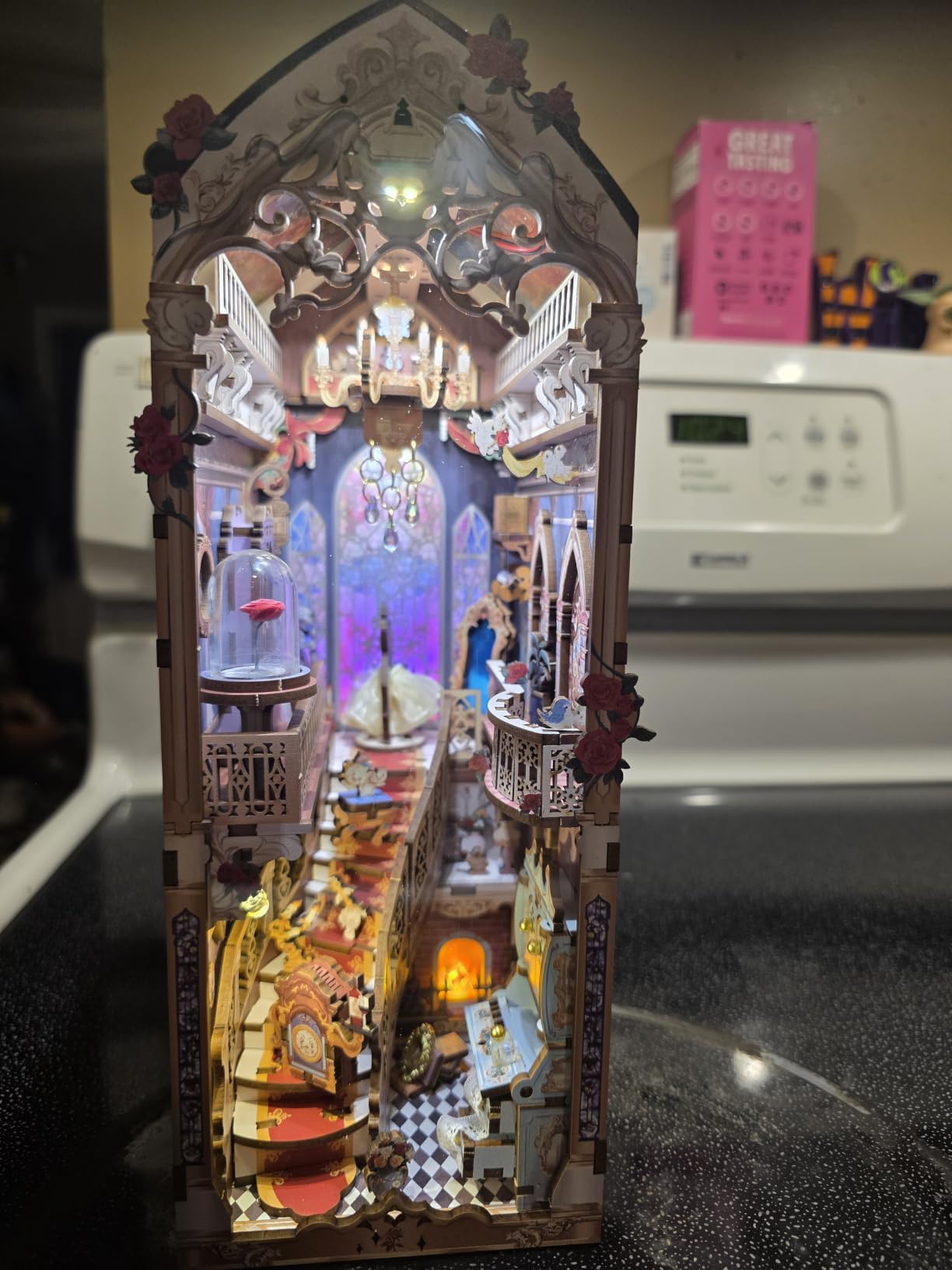 Tonecheer DIY Book Nook Kit for Adults, 3D Wooden Puzzle Music Booknook Miniature Dollhouse, Fairy Tale Bookend Bookshelf Decor with Dust Cover and LED Lights Gifts (Beast and Beauty) customer photo 2