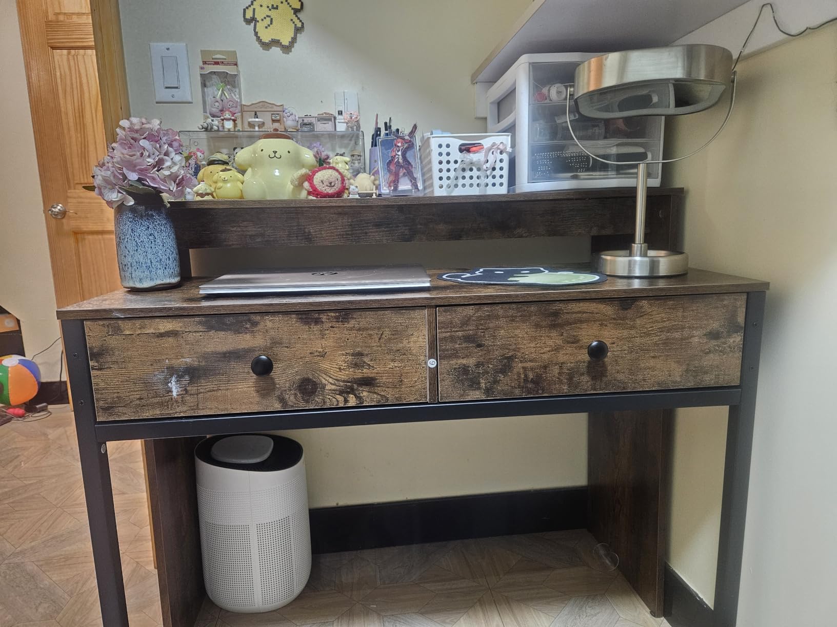GIANTEX Small Computer Desk with Hutch & Drawers, Extendable Writing Desk w/Pull Out Secondary Table, Monitor Stand & Rolling Wheels, Console Table, Compact Desk for Small Spaces (Rustic Brown) customer photo 1