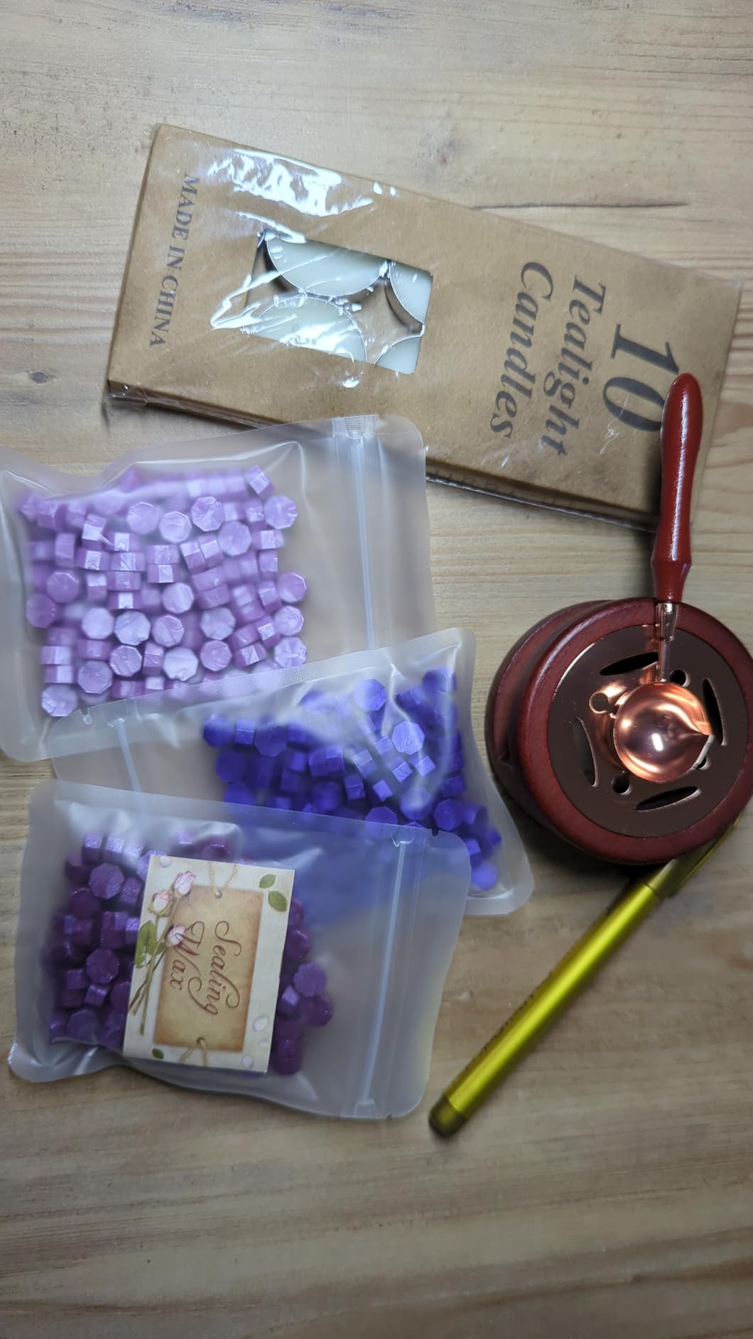 Wax Seal Beads Kit - 300pcs Mixed Gold Sealing Wax Beads with Wood Melting Warmer, Spoon & 10 Mini Candles for Stamp Seals, Wedding Invitation, Envelope, Cards, Gift Wrapping Decorations (Gold) customer photo 2