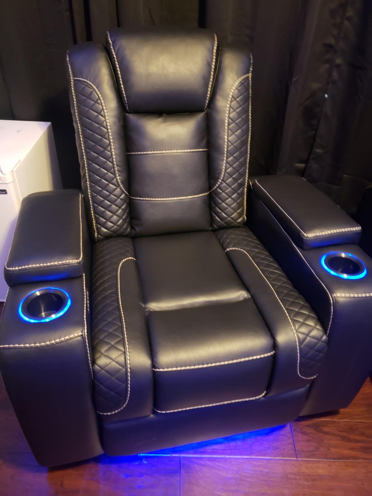 ANJ Power Home Theater Recliner Chair Set of 2, Electric Movie Theater Seating Reclining Chairs with Cup Holders for Living Room, Faux Leather with Blue LED, USB Ports, Hidden Arm Storage (Black) customer photo 2