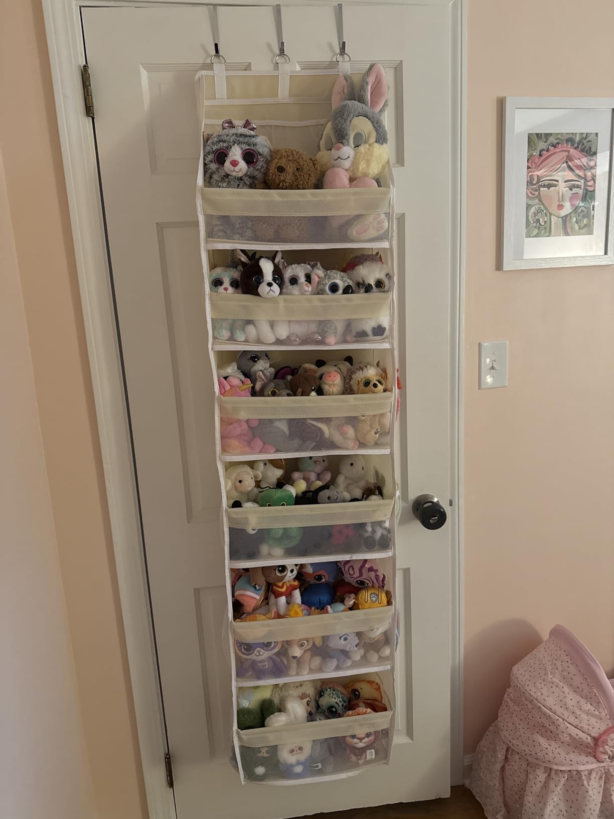 Criusia Over the Door Organizer, 6-Shelf Closet Hanging Storage with 13 Mesh Pockets, 55lbs Capacity Behind the Door Storage for Baby Nursery, Bathroom, Bedroom, and Dorm, Beige customer photo 1
