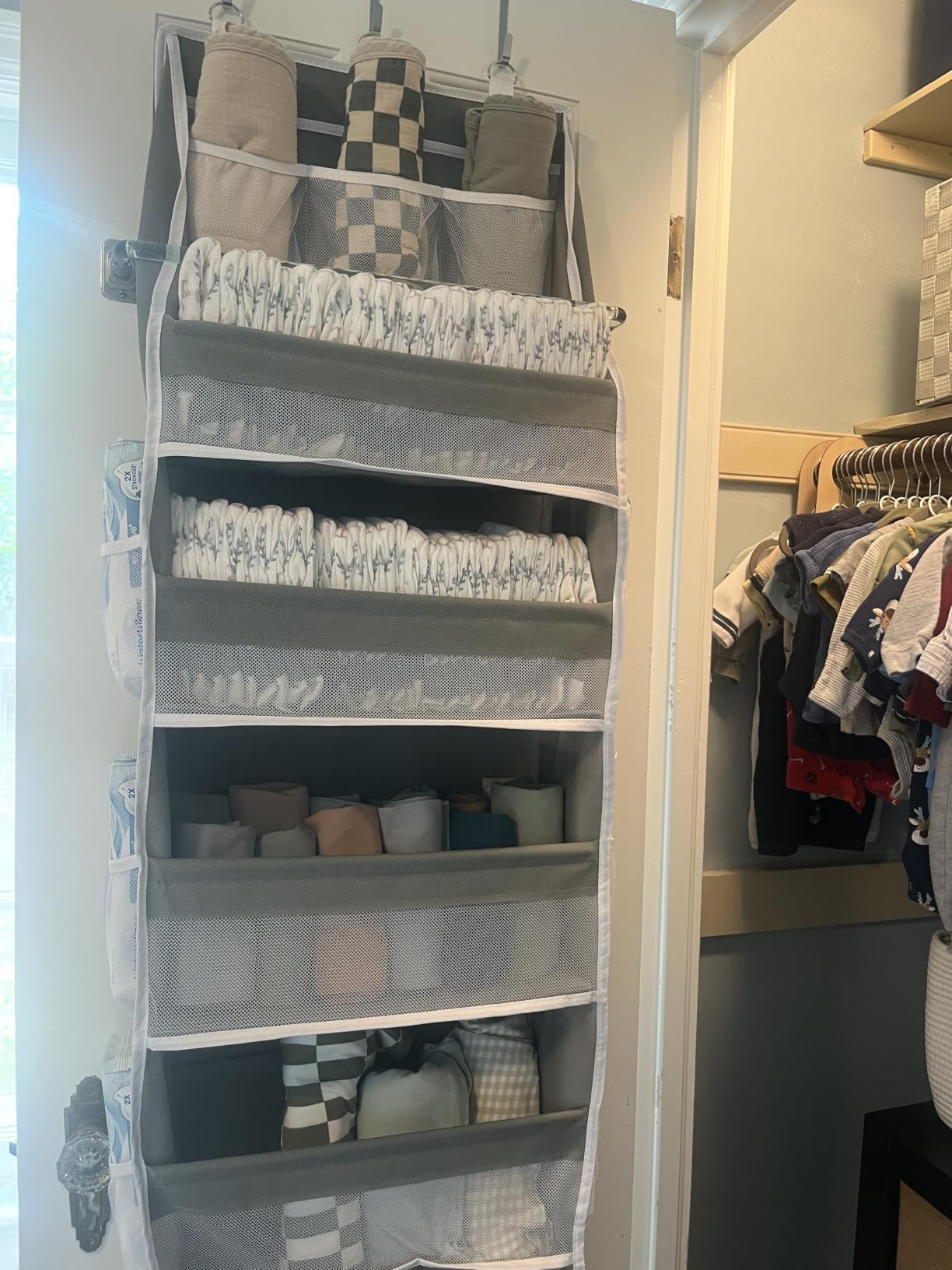 Criusia Over the Door Organizer, 6-Shelf Closet Hanging Storage with 13 Mesh Pockets, 55lbs Capacity Behind the Door Storage for Baby Nursery, Bathroom, Bedroom, and Dorm, Beige customer photo 2