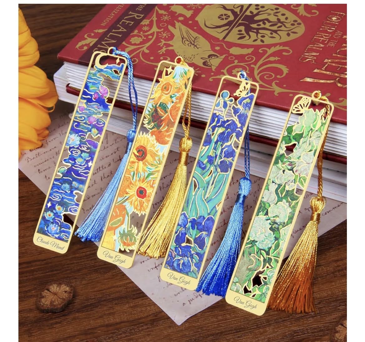 Kinsound Metal Bookmarks with Tassel, Golden Van Gogh Monet Oil Painting Theme Cute Hollow Book Markers for Reading Women, Teachers, Students, Reading Accessories Gifts for Book Lovers (Style B(4PCS)) customer photo 1