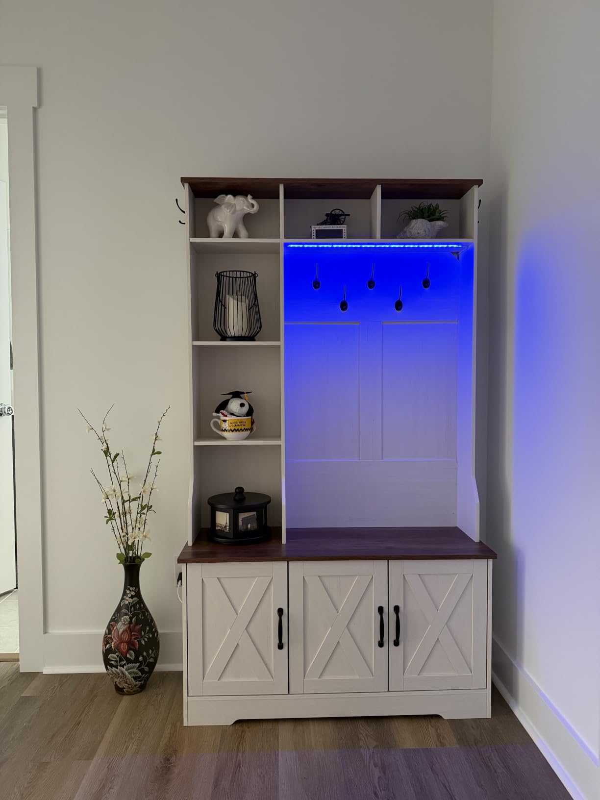 CSZZD Hall Tree with Bench & Entryway Coat Rack with Shoe Storage | Farmhouse Entryway Bench with Led Lights, 7 Coat Hooks, 6 Storage Cubbies, Adjustable Shelf, Spacious Shoe Storage Bench customer photo 2