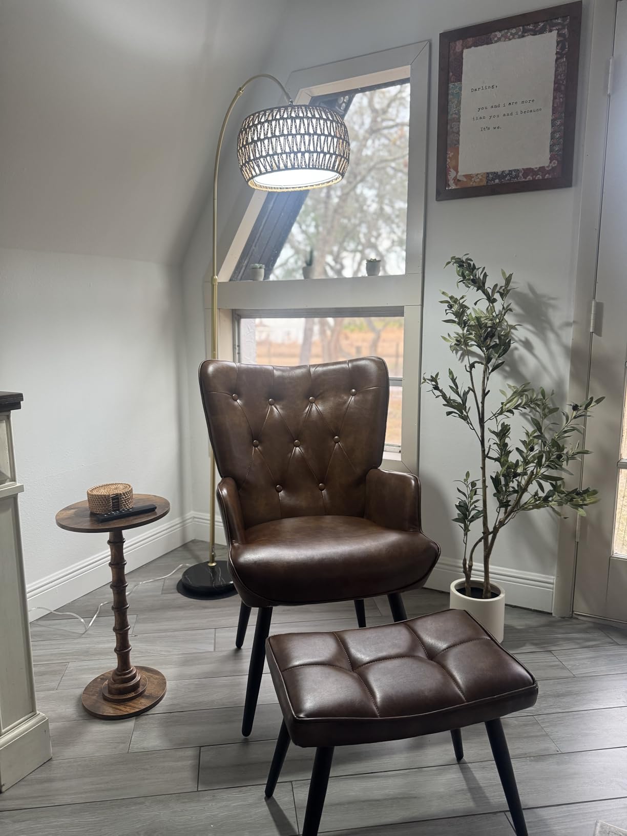 PU Leather Accent Chair with Ottoman, Upholstered Reading Chair with High Backrest, Tufted-Button Wingback Armchair for Bedroom, Dressing Room, Home Office, Brown customer photo 2