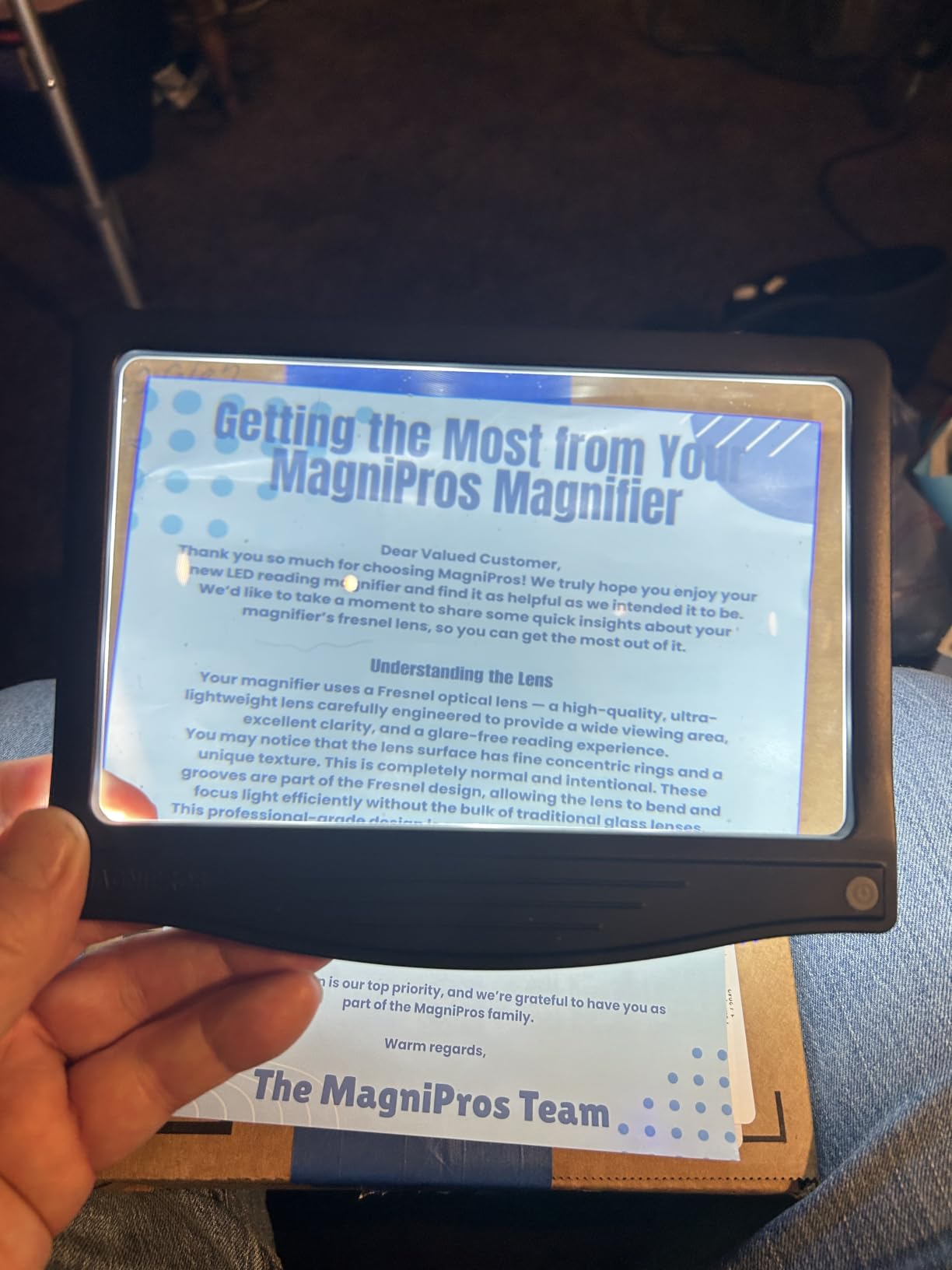MagniPros 5X Rechargeable Large Ultra Bright LED Page Magnifier with Anti-Glare Lens & 3 Color Light Modes, Relieve Eye Strain- Ideal for Reading Small Print, Low Vision, Seniors customer photo 1