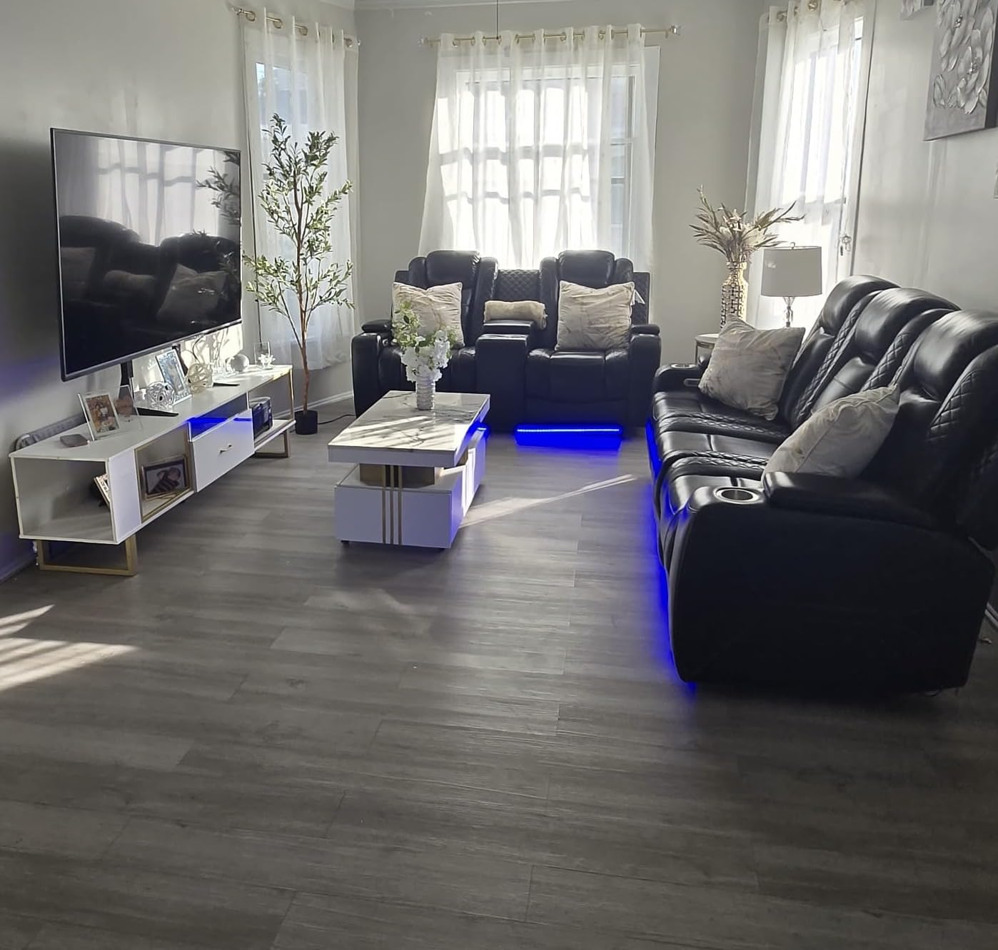 Power Reclining Sofa Set, Living Room Furniture Sets, Leather Recliner Loveseat Sofa with Cup Holders/Storage/Charging, Sanded Leather Reclining Couch for Home Theater/Office, Blue Grey customer photo 2