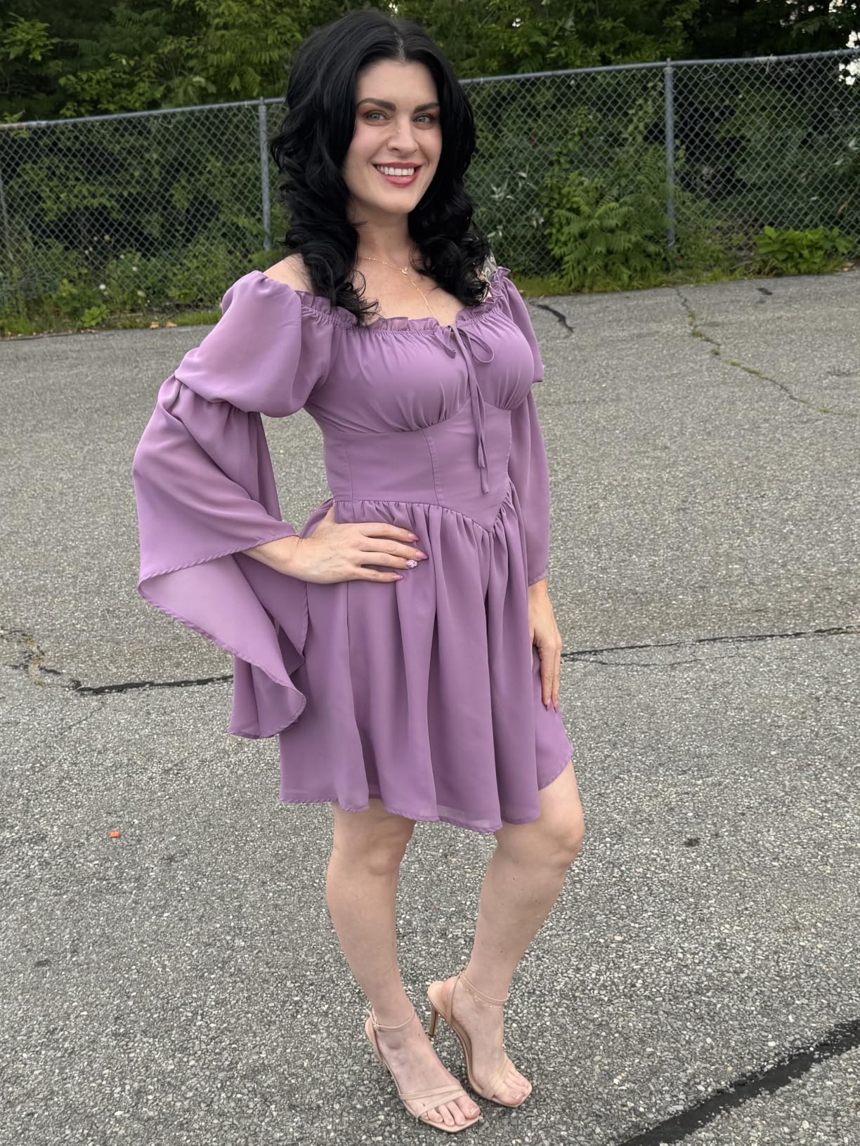 Scarlet Darkness Women's Renaissance Faire Fairy Witchy Dress with Pockets | Off Shoulder, Bell Sleeves, Front Tie, Smocked Back, Left Zip, Side Pockets customer photo 1