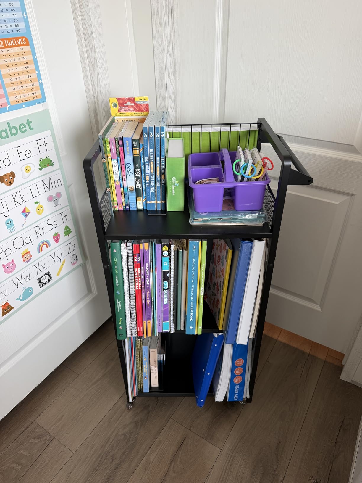 UMDONX Heavy-Duty Double-Sided Book Cart with Silent Wheels and 3 Magnetic Book Shelves, Rolling Book Shelf, Library Book Cart, Suitable for Home, Office, or School (White) customer photo 2