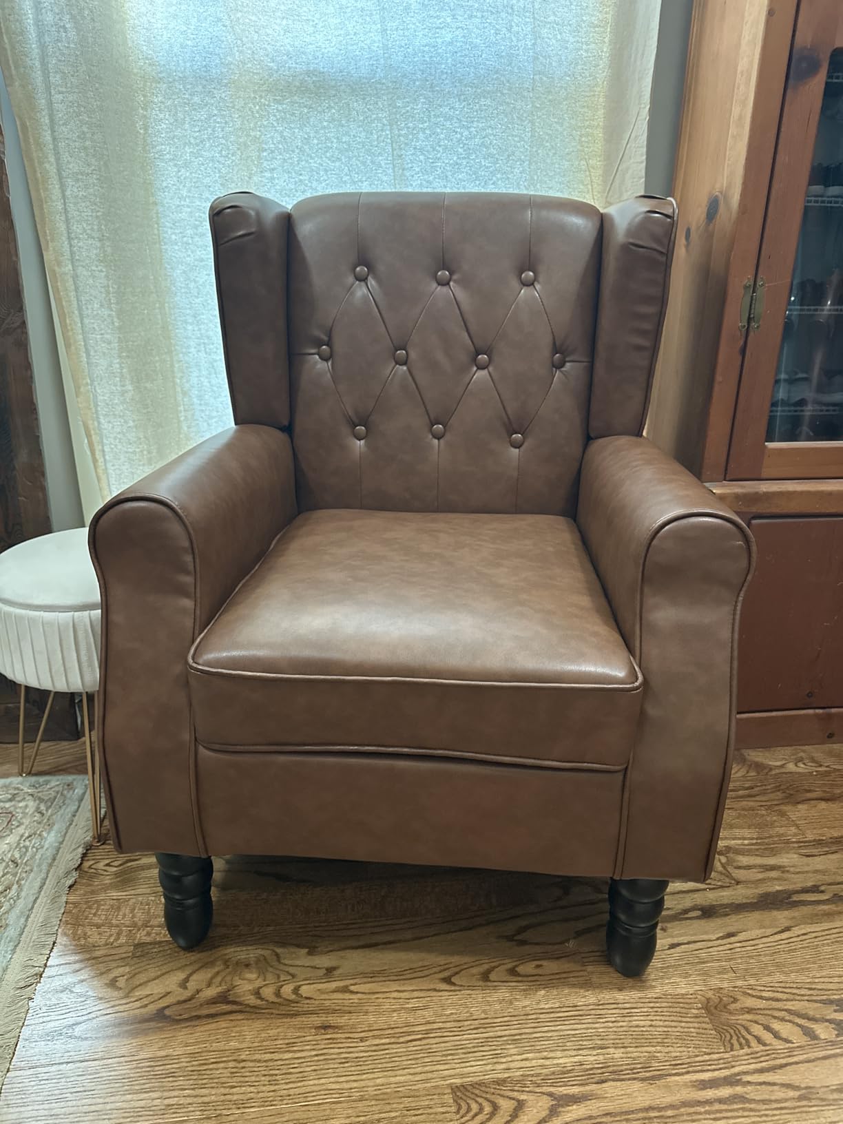 Button Tufted Wingback Accent Chair, Light Brown, Set of 1 | Comfy Reading Armchair, High Back Single Sofa, Solid Wood Frame with Nailhead Trim, For Living Room Bedroom, & Small Spaces customer photo 1