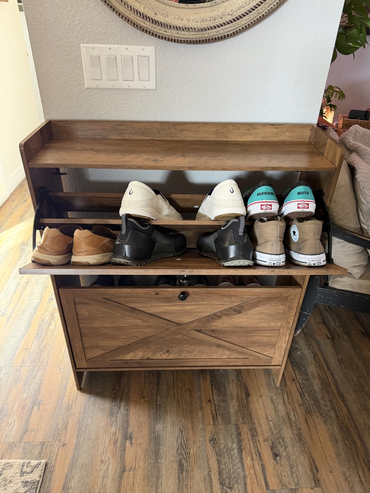 VASAGLE Narrow Shoe Storage Cabinet Organizer with 2 Flip Drawers, Freestanding Shoe Rack, Fits 14 to 16 Pairs, for Entryway, Farmhouse Style, Honey Brown, HAINS Collection UHSC203KB01S customer photo 1