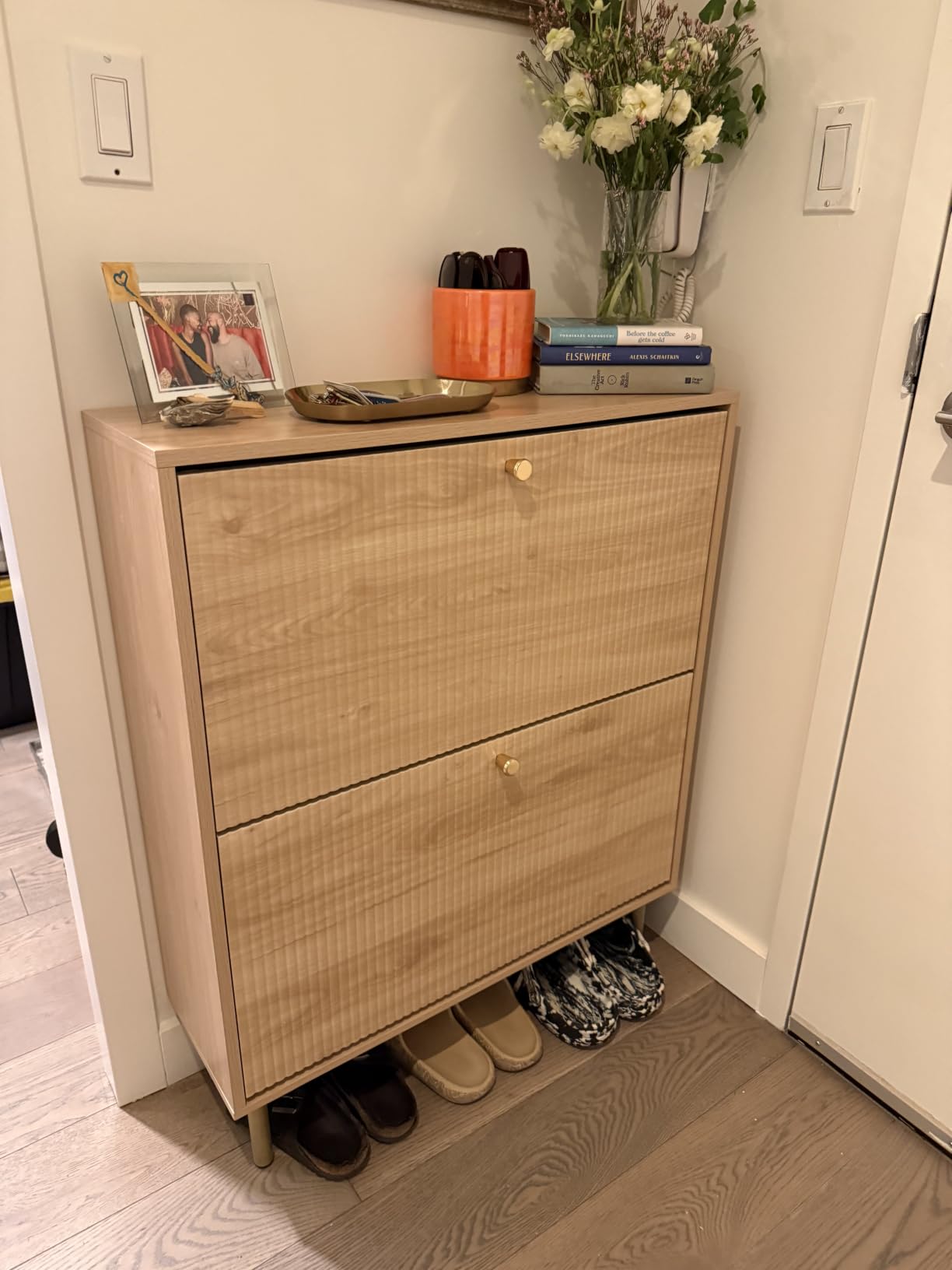 Nicetree Shoe Storage Cabinet for Entryway - Ultra Slim Shoe Cabinet with Tiered Fluted Design - Modern Shoe Organizer with Gold Legs, Hidden Shoe Rack for Small Spaces, Fits Men's Size 13.5 customer photo 2