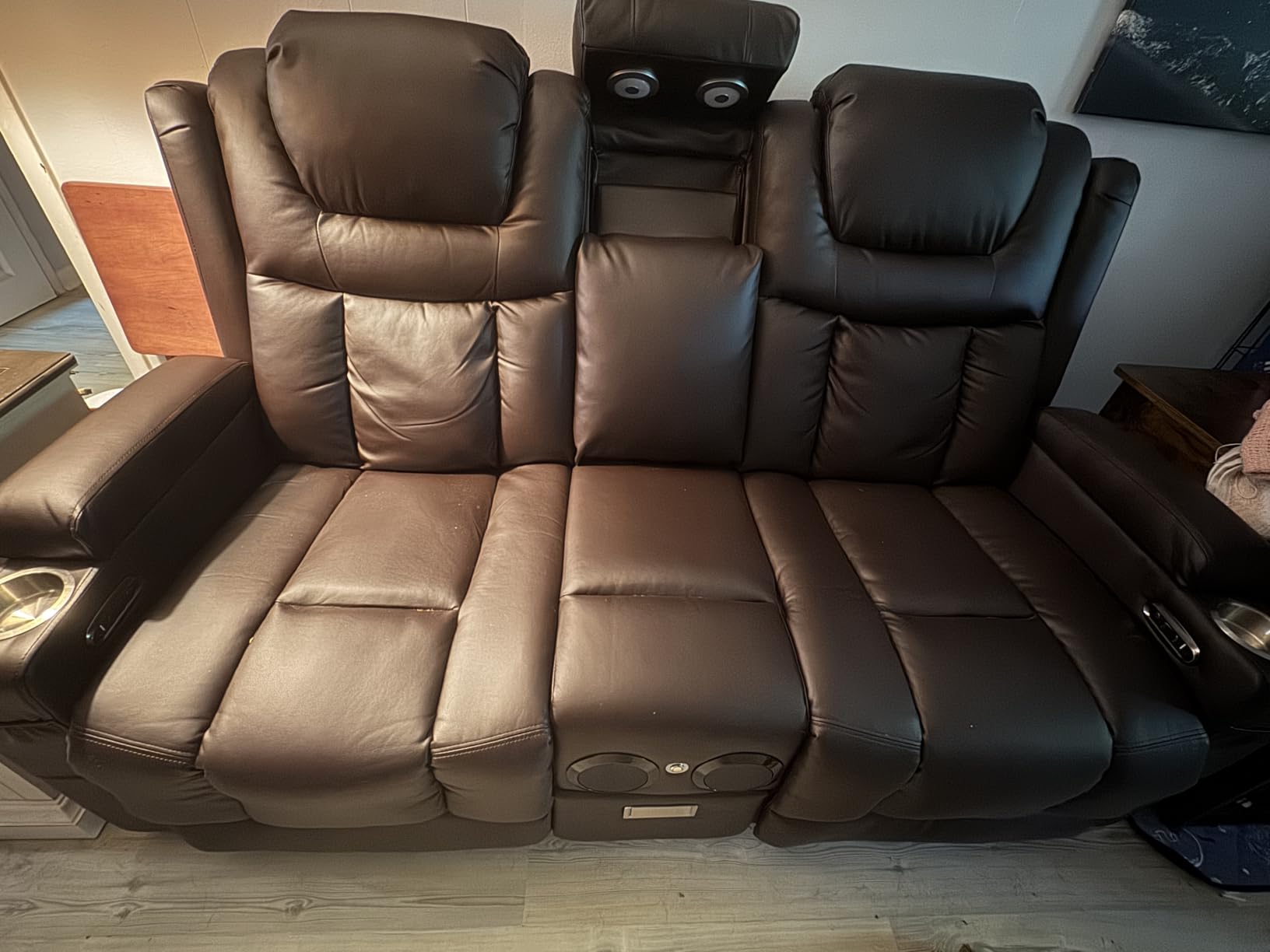 Power Loveseat Recliner Sofa, Home Theater Seating with Flip Back Console, Wall Hugger Reclining Loveseat with LED Light, USB Ports, RV Couch Movie Gaming Chair for Living Room, Gaming Room (Brown) customer photo 1