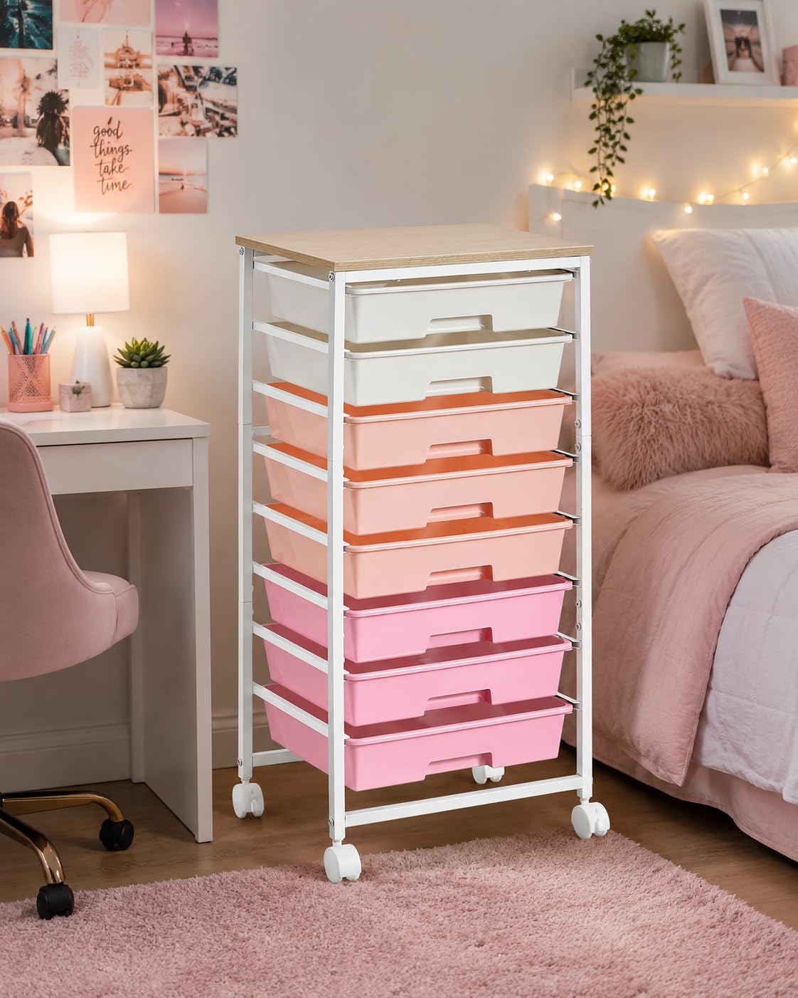 VASAGLE 8-Drawer Rolling Storage Cart, Utility Cart with Wheels and Wood Top, Craft Organizer for Office and Home, 15.6 x 11.2 x 30.1 inch, Pink and White, BENCO Collection ULRC006S101 customer photo 1