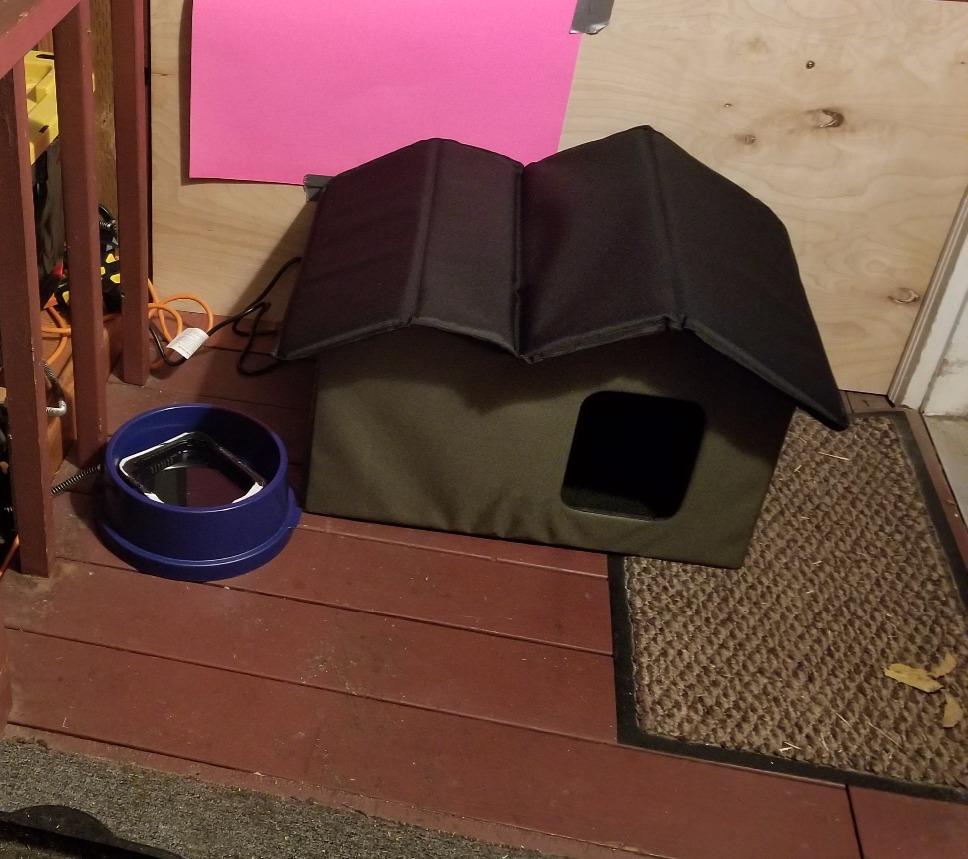 K&H Heated Cat House, Outdoor Extra-Wide Kitty House, Safety Listed, 20W | Heated Cat House for Outside, Weatherproof Shelter for Ferals, Insulated Shelter, 2 Doors, Waterproof Kitty Bed, Olive customer photo 2