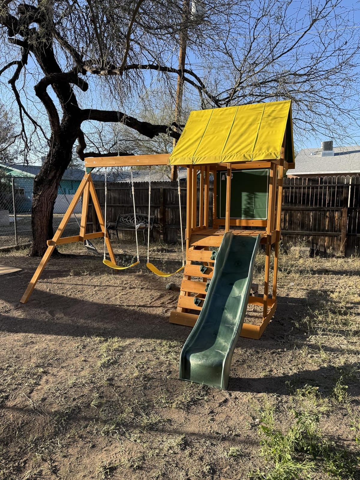 KidKraft Appleton Wooden Swing Set, (Amazon Exclusive) | Rock Wall, Wavy Slide, Vinyl Canopy, 2 Swings, Sandbox Area, For Ages 3+ customer photo 1