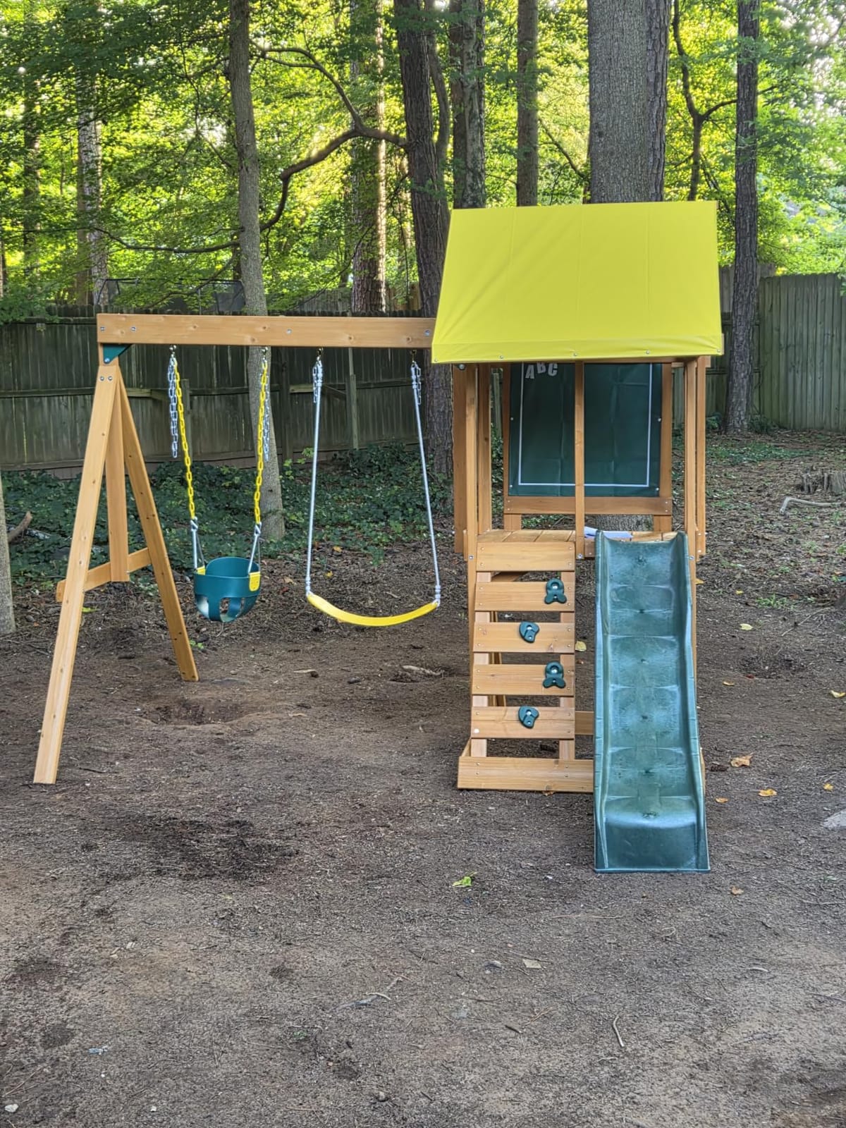 KidKraft Appleton Wooden Swing Set, (Amazon Exclusive) | Rock Wall, Wavy Slide, Vinyl Canopy, 2 Swings, Sandbox Area, For Ages 3+ customer photo 2