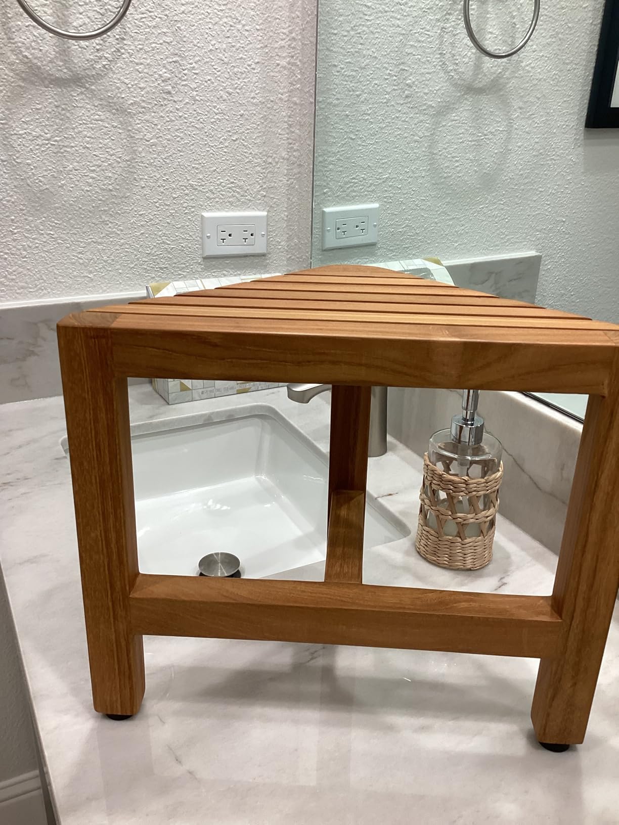 Asta Zini Solid Teak Shower/Bath/Spa Corner Foot Stool, Side Table, Fully Assembled, TB-014 customer photo 2