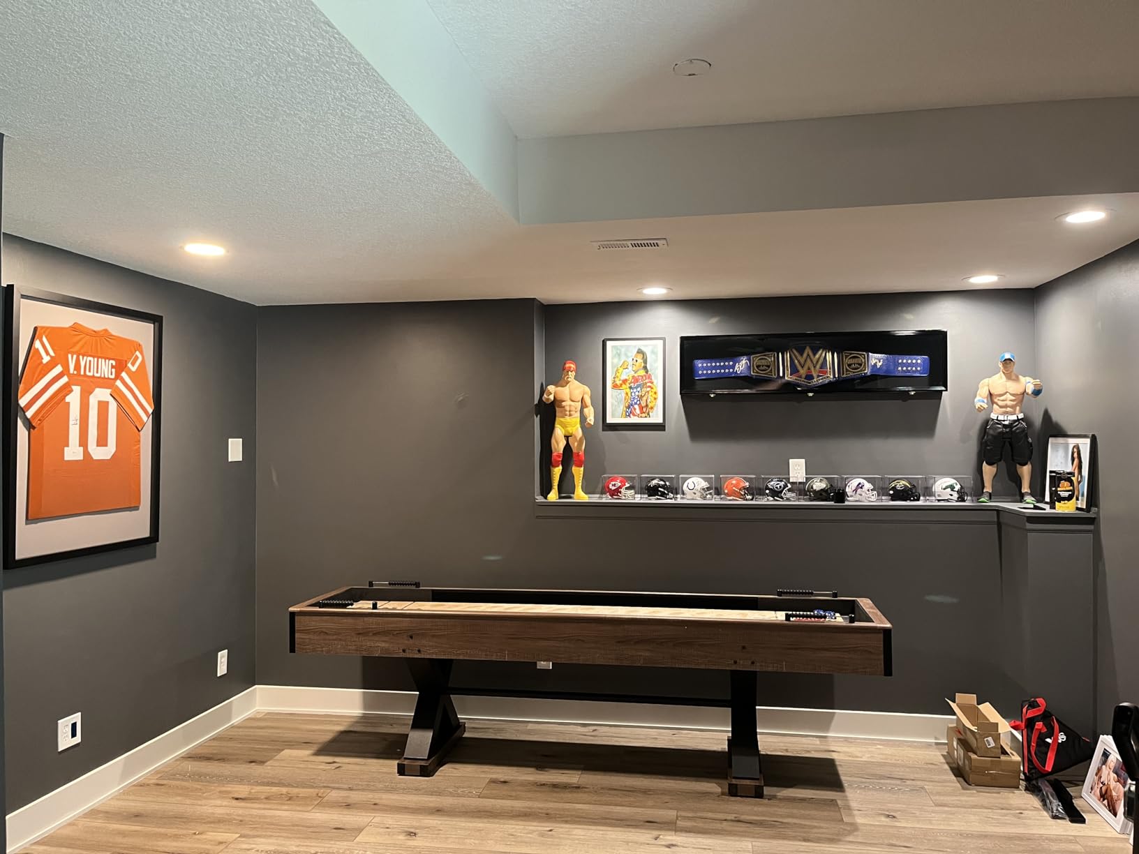 Hathaway Excalibur 9-Ft Shuffleboard Table for Great for Family Recreation Game Rooms, Designed with a Rustic Driftwood Finish with Built-In Leg Levelers, Includes 8 Pucks, Table Brush and Wax customer photo 1