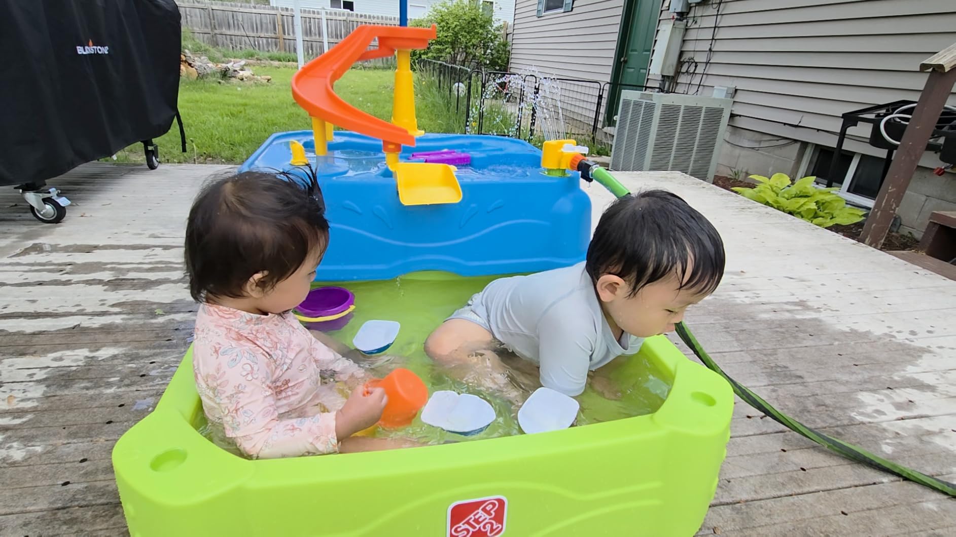 Step2 Waterpark Wonders Two Tier Water Table, Kids Water Activity Sensory Playset with Umbrella, Garden Hose Sprinkler Attachment, 11 Piece Accessories, Outdoor Summer Toy, Ages 18 Months+, Blue customer photo 2