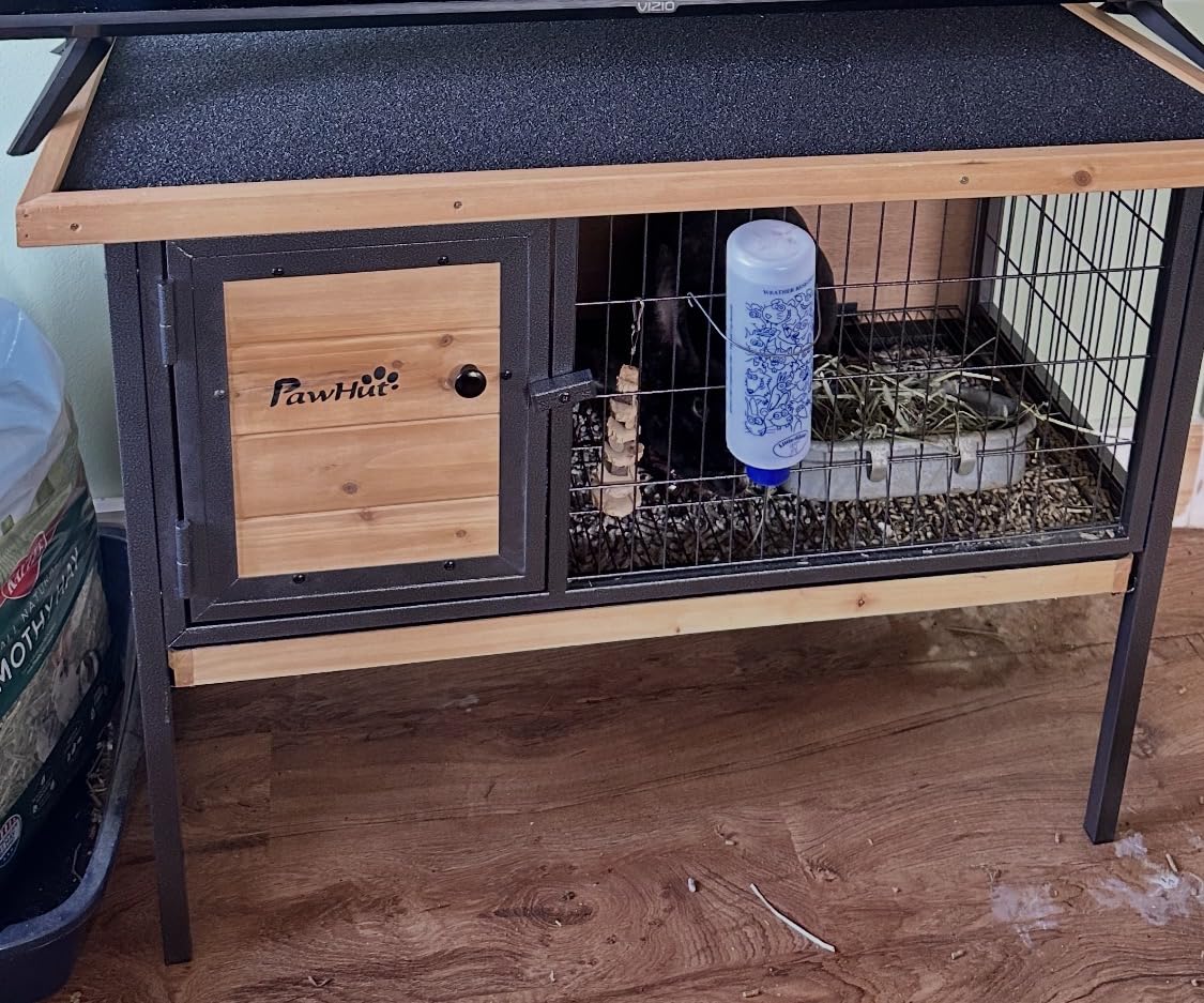 PawHut Rabbit Hutch Elevated Bunny Cage Metal Frame No Leak Tray Natural | Small Animal Habitat, No Leak Tray, Metal Wire Pan, Openable Water-Resistant Asphalt Roof, Rabbits, Chickens, Ducks, Indoor customer photo 2