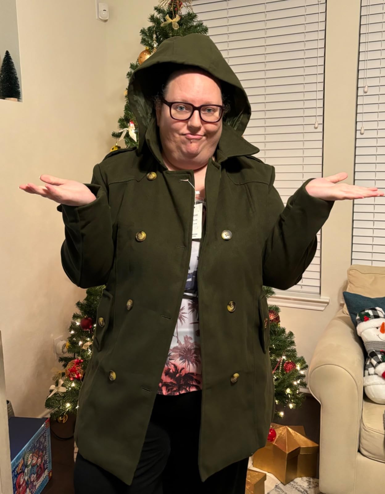 Chrisuno Women's Double Breasted Pea Coat Hooded Long Winter Trench Coat customer photo 1