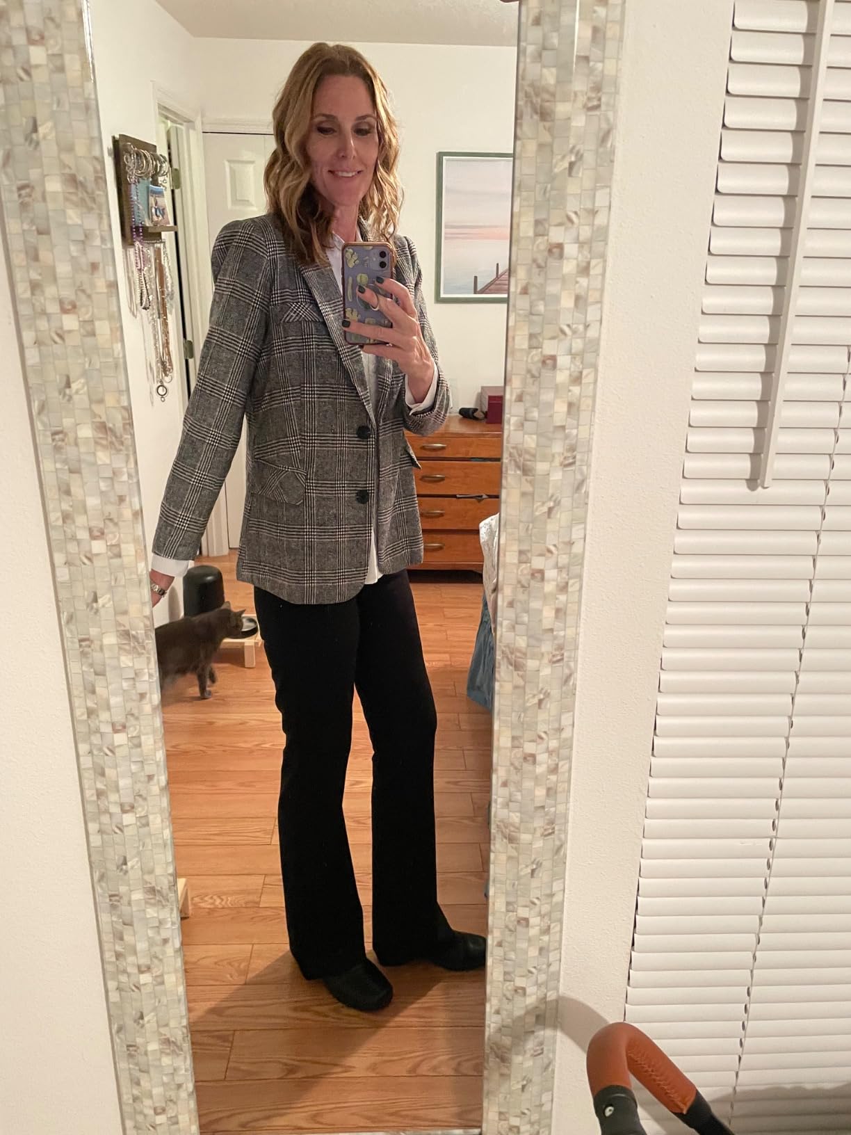 ebossy Women Double Breasted Houndstooth Plaid Slim Boyfriend Blazer Jacket customer photo 2