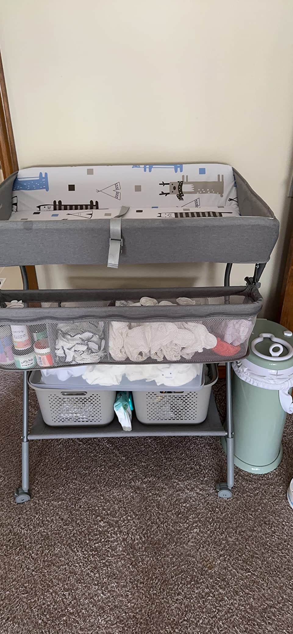 Baby Changing Table with Wheels, Maydolly Portable Adjustable Height Folding Diaper Station with Nursery Organizer & Storage Rack for Newborn Baby and Infant (Light Grey) customer photo 1