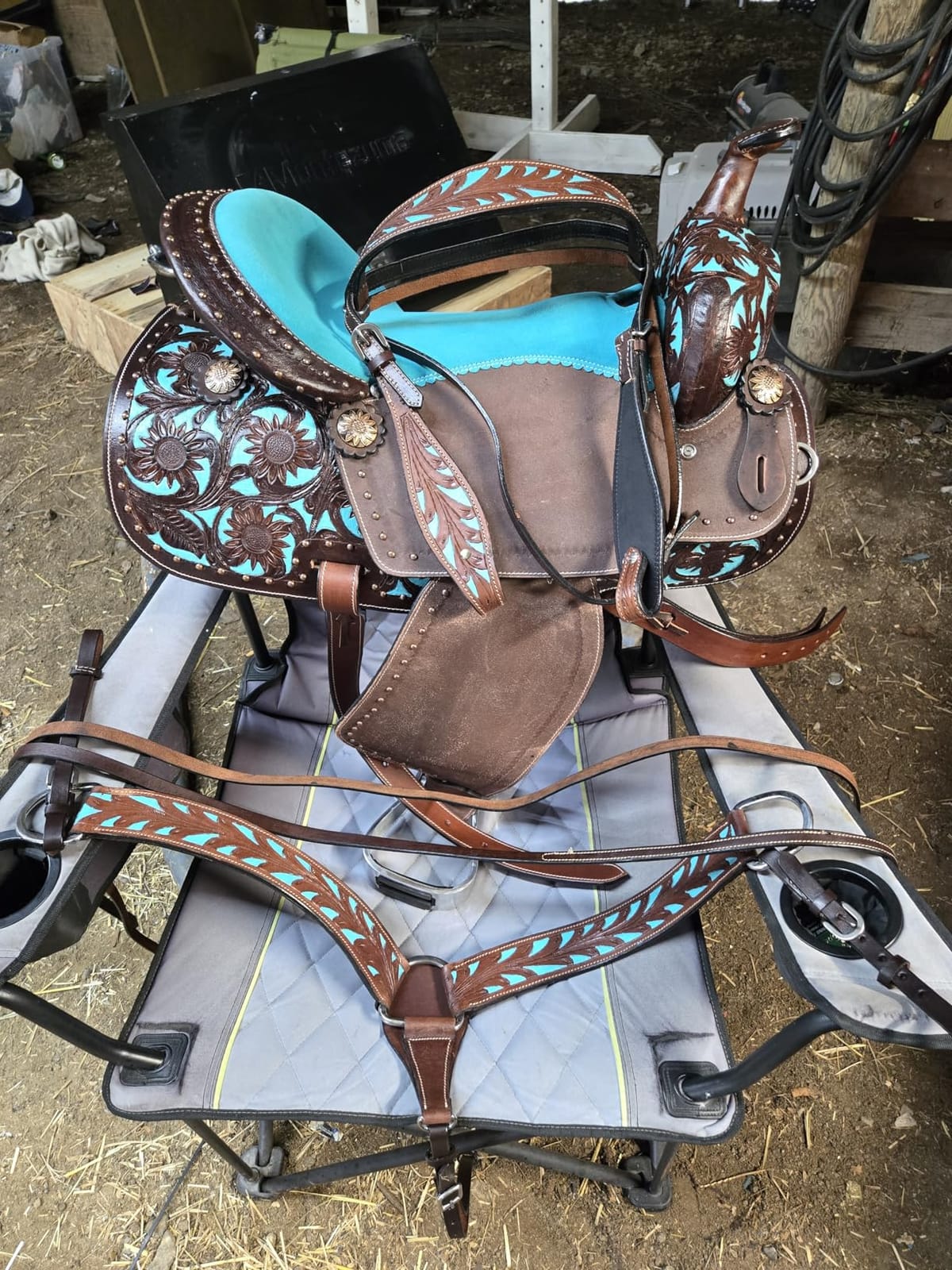 Leather Western Barrel Racing Horse Saddle Teal Brown Get Matching Tack Set Headstall Breast Collar and Reins Size 12