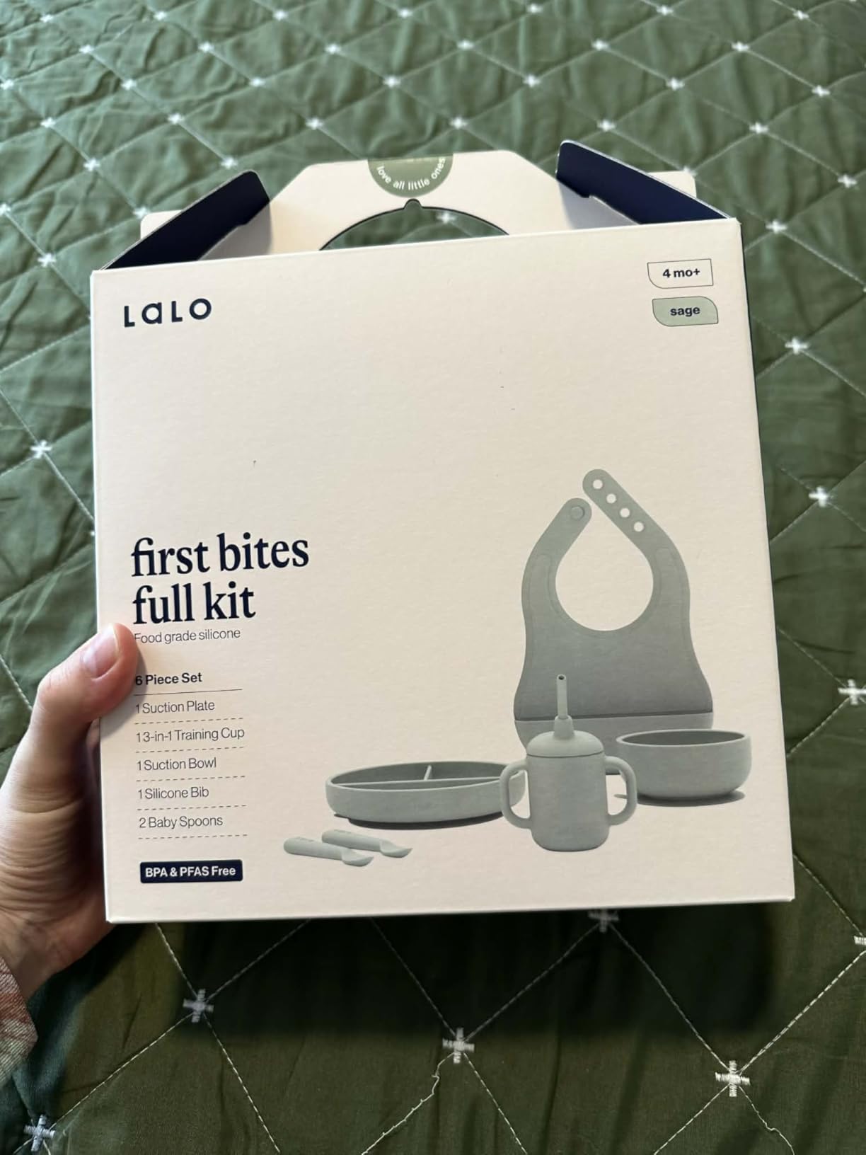Lalo First Bites Full Kit, 6-Piece Non-Toxic Silicone Baby Feeding Set | Baby Led Weaning Set, Includes 1 Bib, 2 Spoons, Training Cup, Suction Plate & Bowl, BPA-Free, Food Grade Silicone, Sage customer photo 2