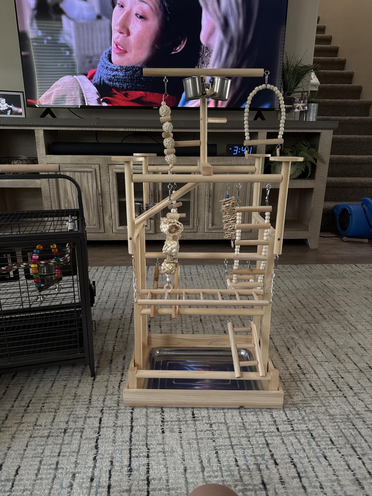 LIMIO Bird Playground - Natural Wood Parrot Playstand with Perches, Bird Play Gym & Accessories, Removable Tray & 4 Stainless Steel Cups customer photo 1