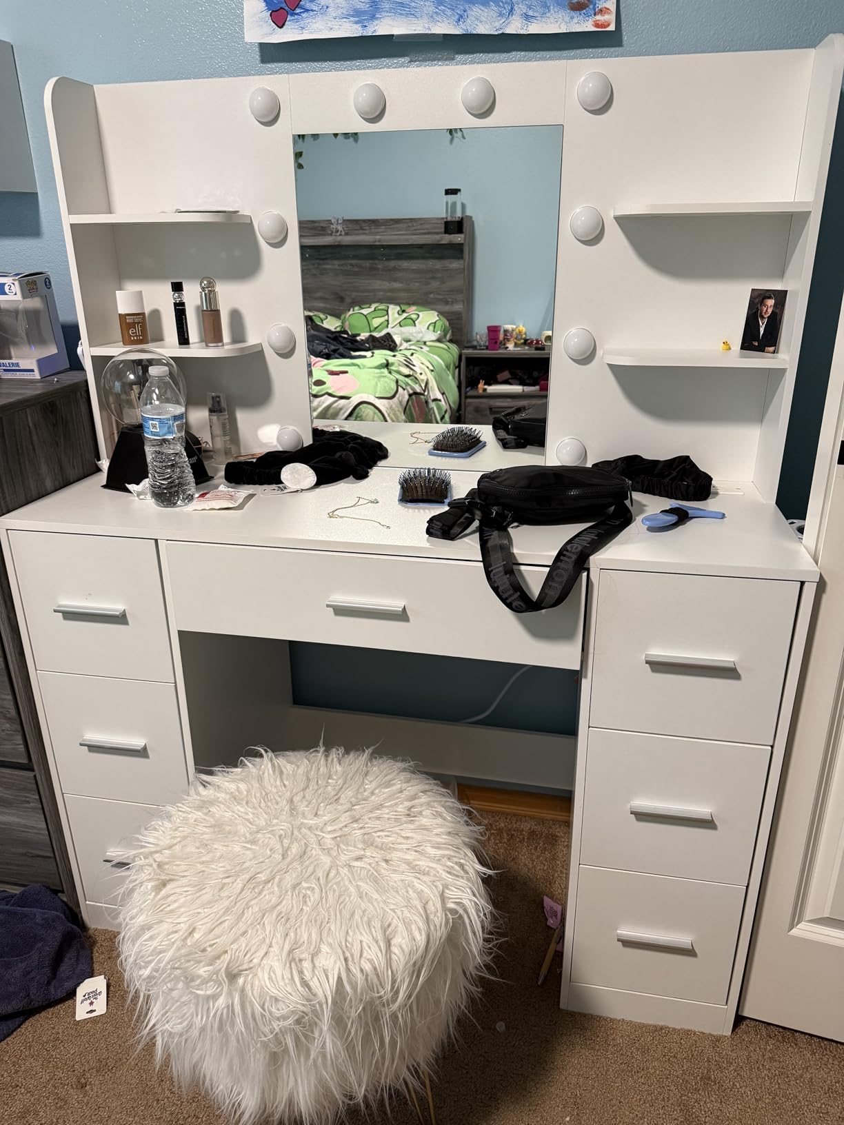 Furmax Vanity Desk with LED Mirror,Power Outlet,7 Drawers Makeup Table customer photo 1