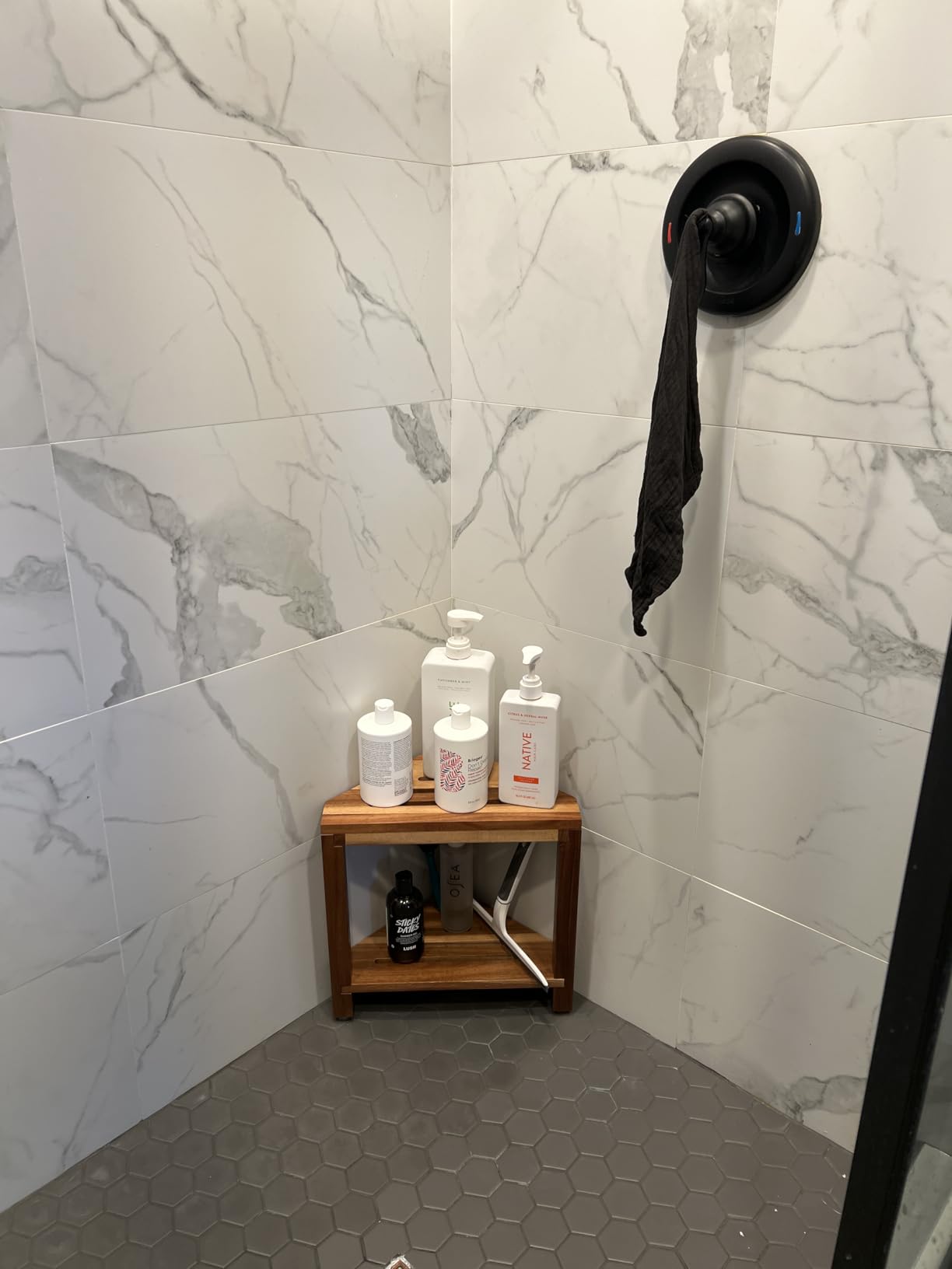 IBosins Corner Shower Stool 14in Small Bench Storage Shelf Natural Finish customer photo 1