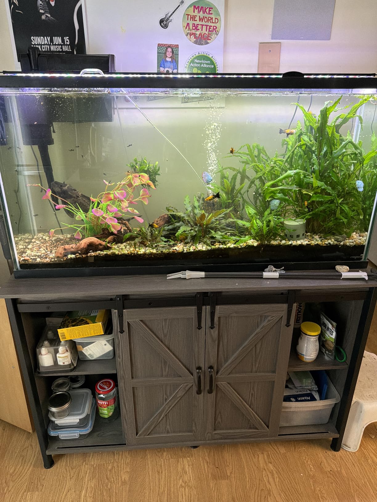 VOWNER Farmhouse 55-75 Gallon Fish Tank Stand with Power Outlet, Grey | Aquarium Stand with Storage Cabinet and Sliding Barn Door, Heavy Duty Reptile Tank Stand, for 2 Tanks, 1000LBS Capacity customer photo 1