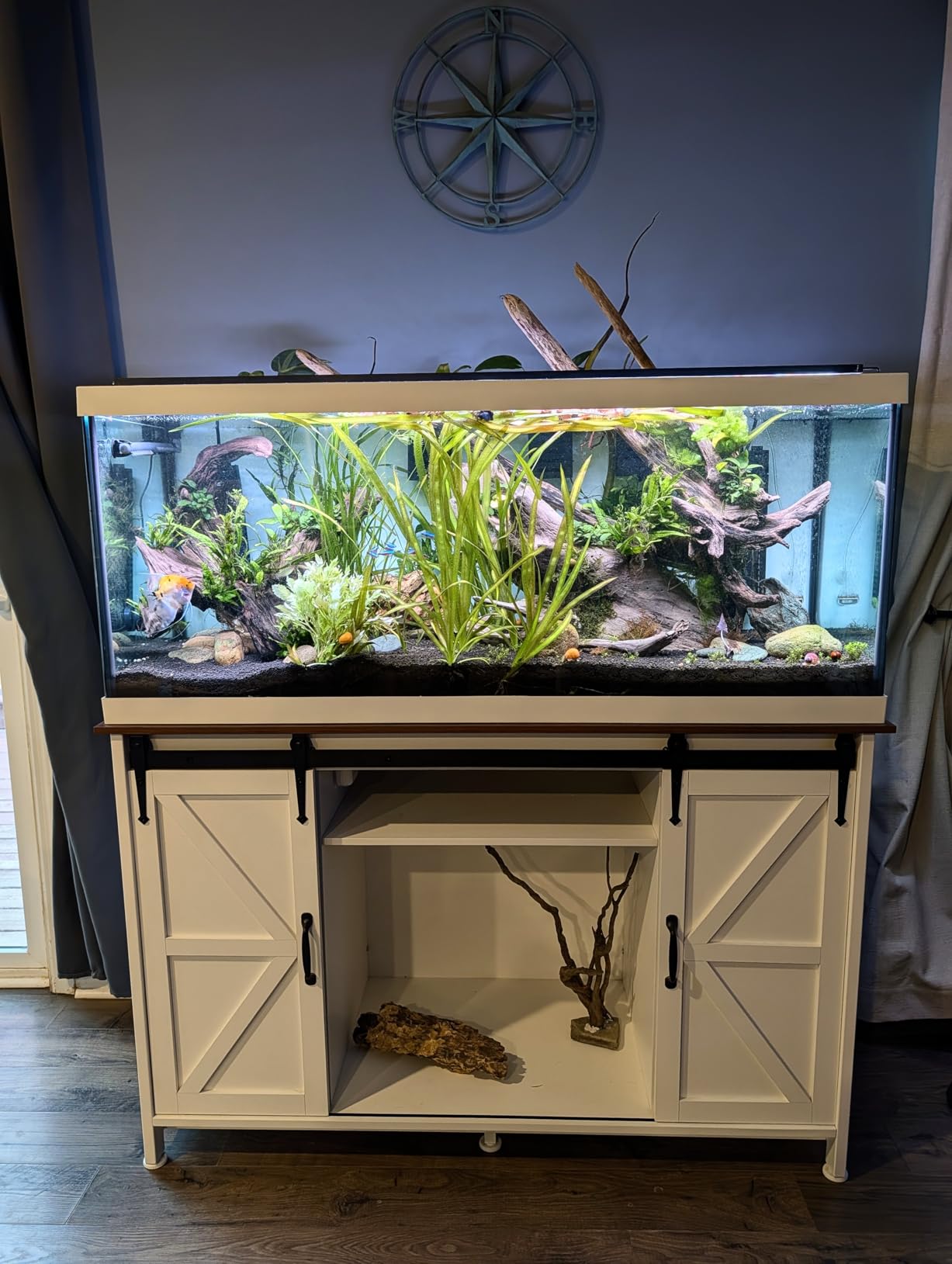 VOWNER Farmhouse 55-75 Gallon Fish Tank Stand with Power Outlet, Grey | Aquarium Stand with Storage Cabinet and Sliding Barn Door, Heavy Duty Reptile Tank Stand, for 2 Tanks, 1000LBS Capacity customer photo 2