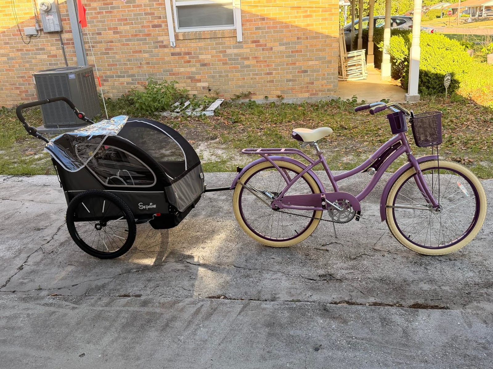 Sepnine Kids Bike Trailer, 2 in1 Canopy Carrier Converts to Pushcart Suitable for 1 to 2 Toddlers, Kids, Quick Attach to Bike, Foldable, with 5-Point Harness and Storage Bags customer photo 2