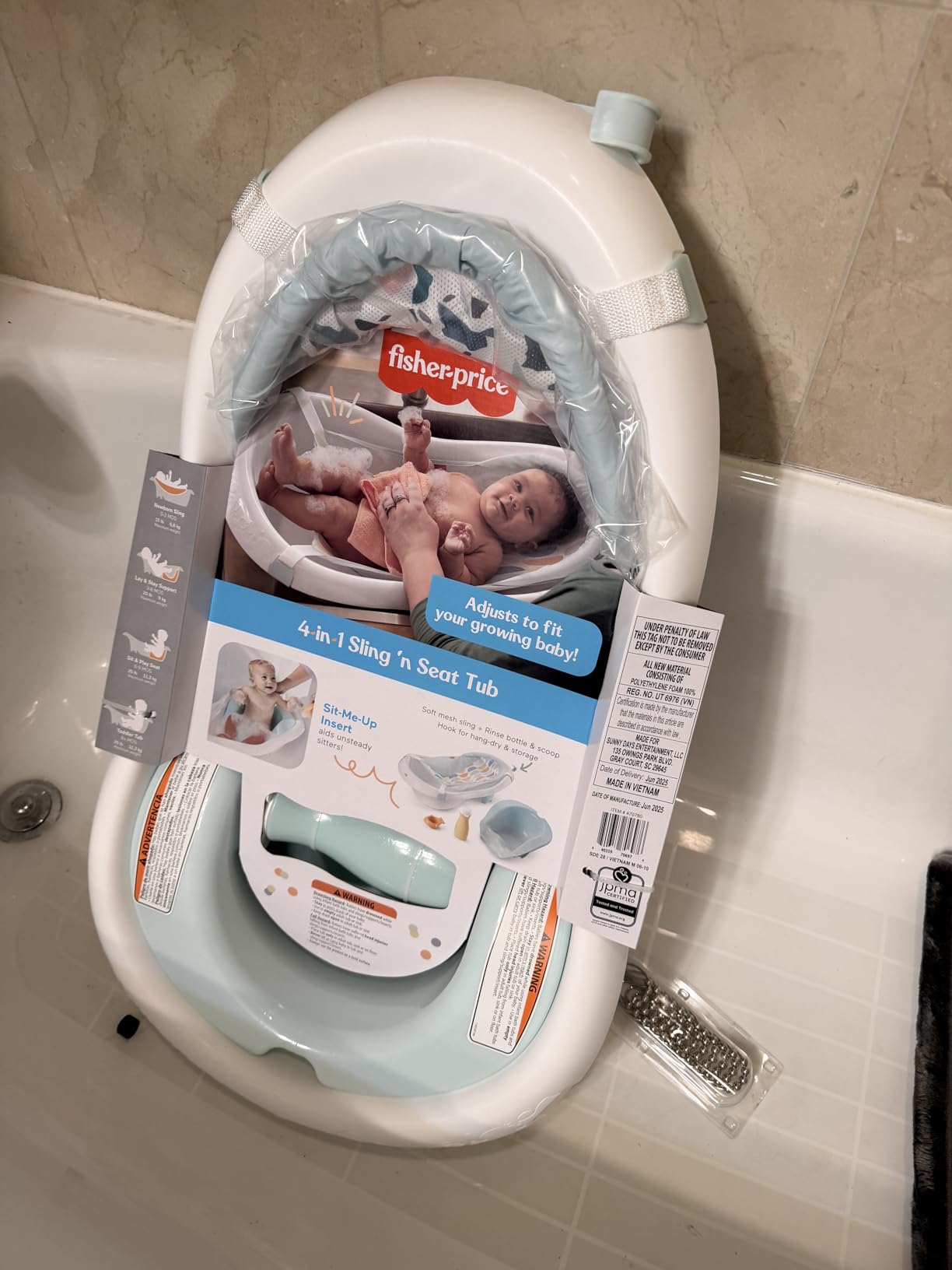 Fisher-Price Baby to Toddler Bath 4-in-1 Sling 'N Seat Tub with Removable Infant Support and 2 Toys, Pacific Pebble customer photo 2