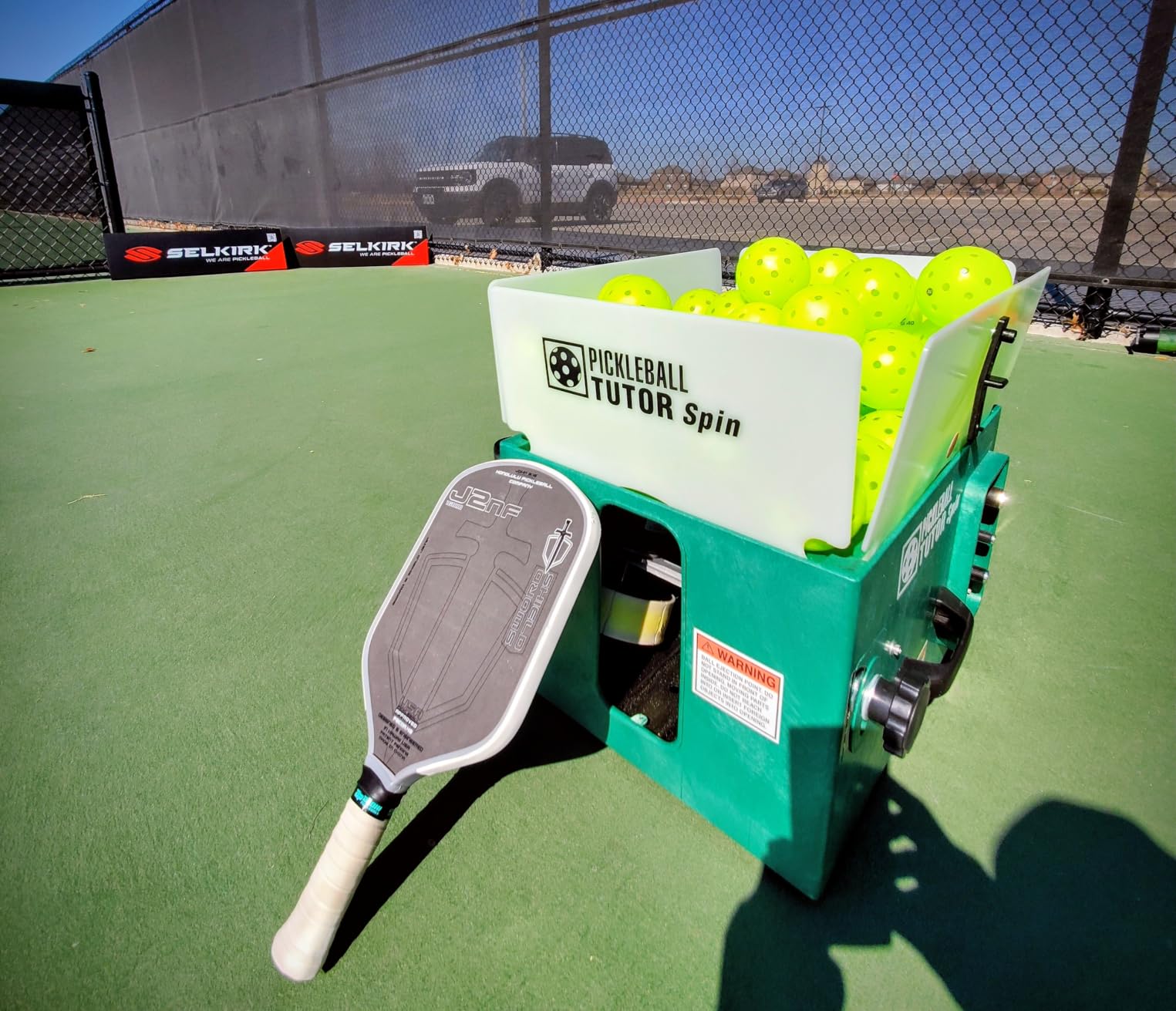 Pickleball Tutor Spin. Pickleball Ball Machine. Variable Left/righht SIDESPIN. Speed 60 MPH. Random Oscillator. Made in USA by #1 Pickleball Machine Company. customer photo 1