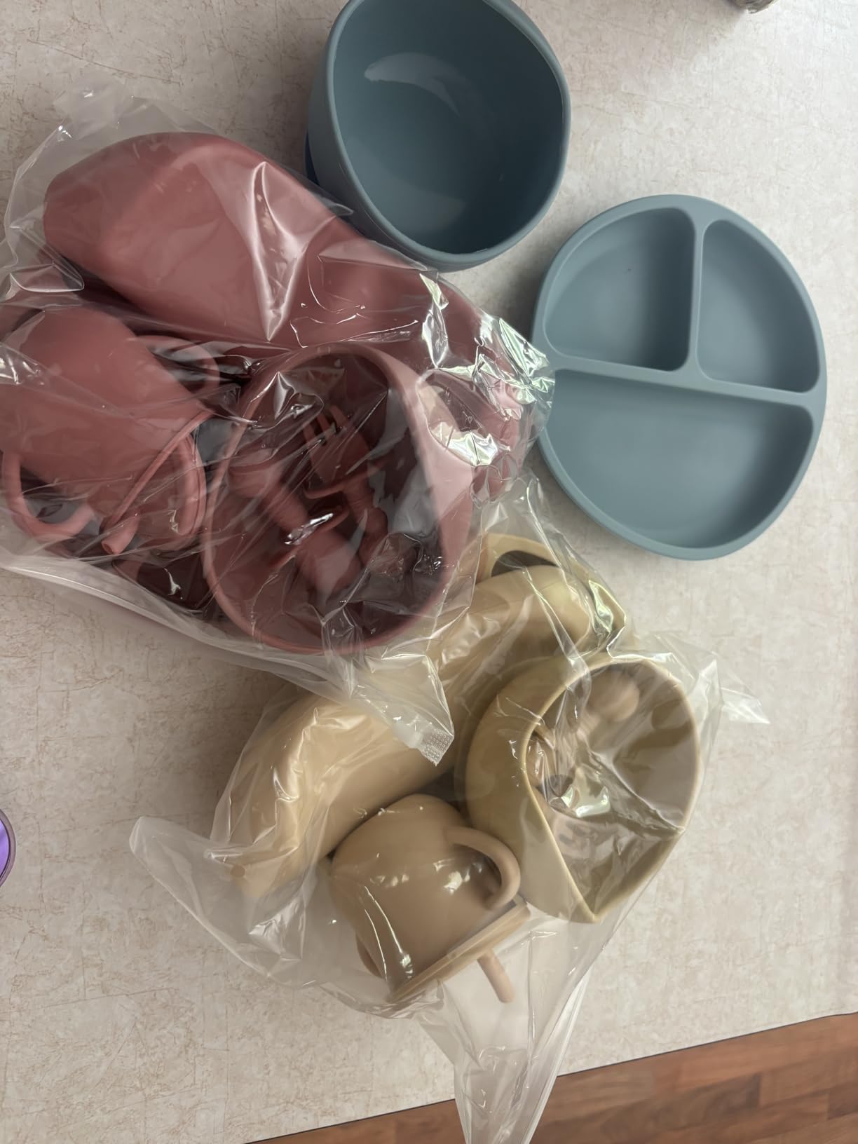 24 PCS Silicone Baby Feeding Set, Baby Led Weaning Supplies Includes Suction Bowls and Divided Plates, Adjustable Silicone Bib, Spoons & Forks, Training cup with straw (Green+Brown+Beige) customer photo 1
